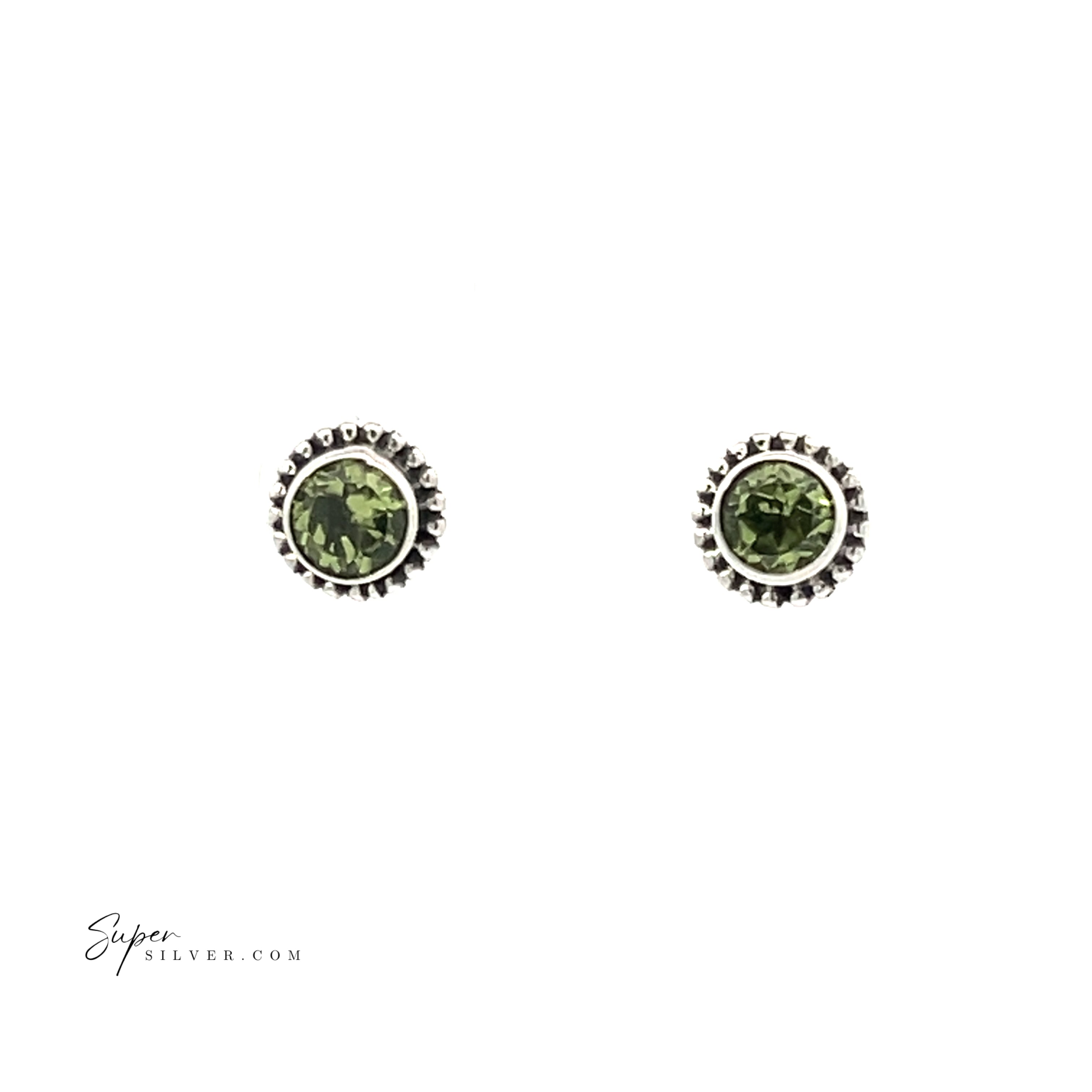 Beaded Round Faceted Gemstone Studs: round sterling silver earrings with faceted green gemstones at the center, shown on a white background. "Supersilver.com" logo appears in the bottom left corner.