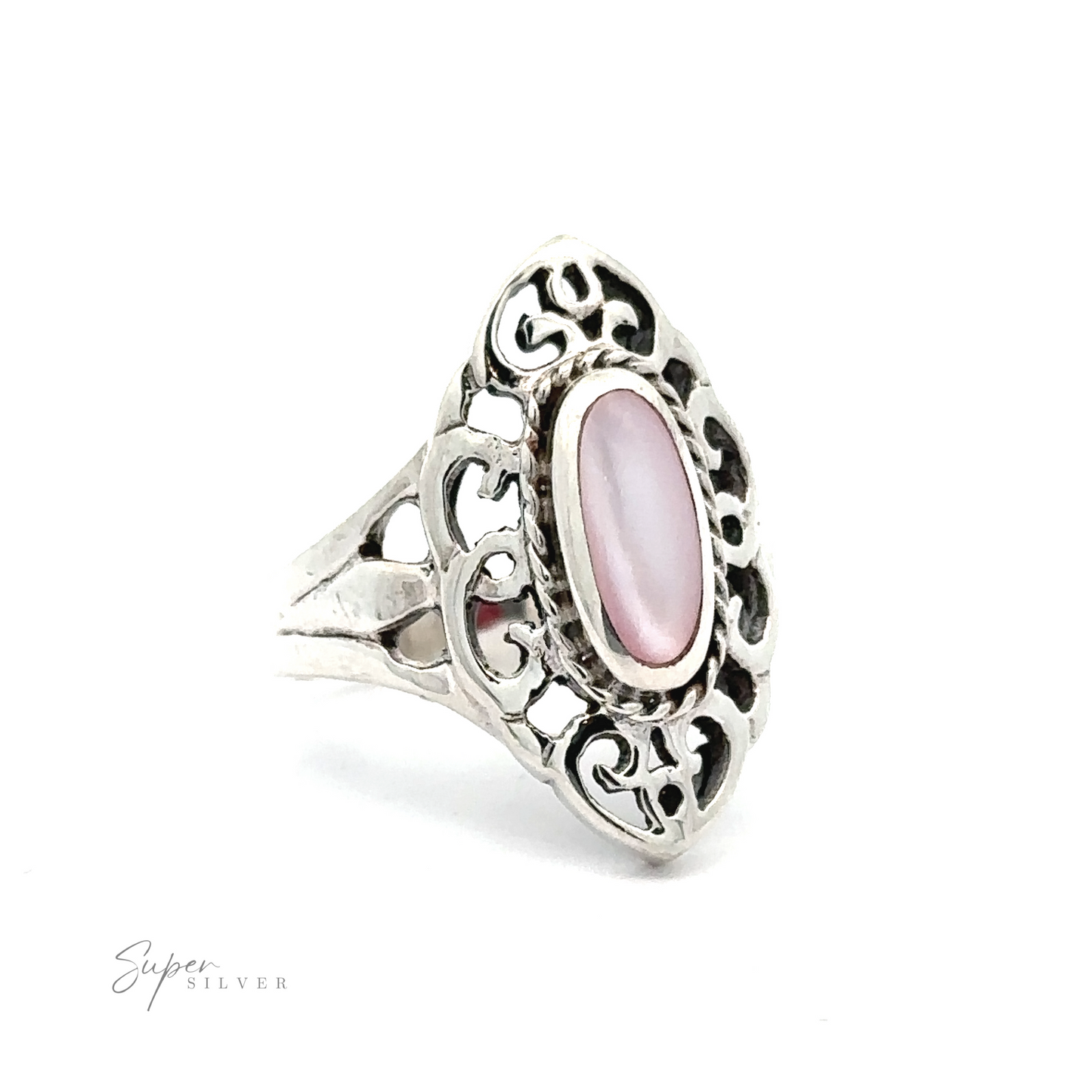 
                  
                    Marquise Filigree Inlay Stone Ring with an oval pink gemstone on a white background.
                  
                
