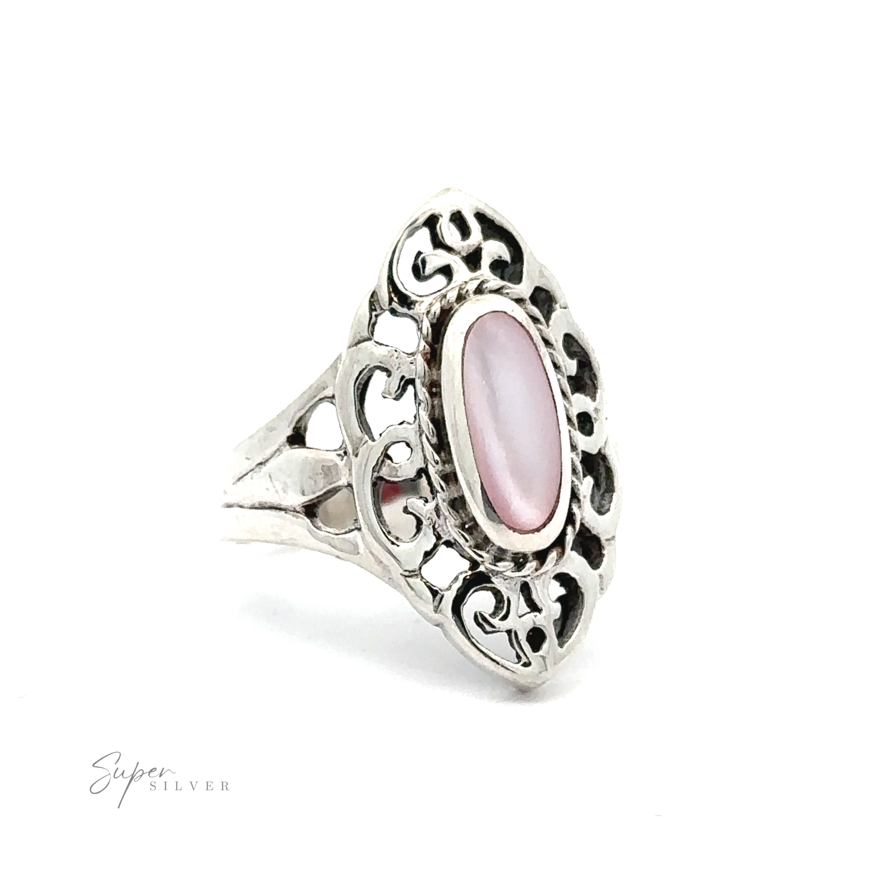 Marquise Filigree Inlay Stone Ring with an oval pink gemstone on a white background.