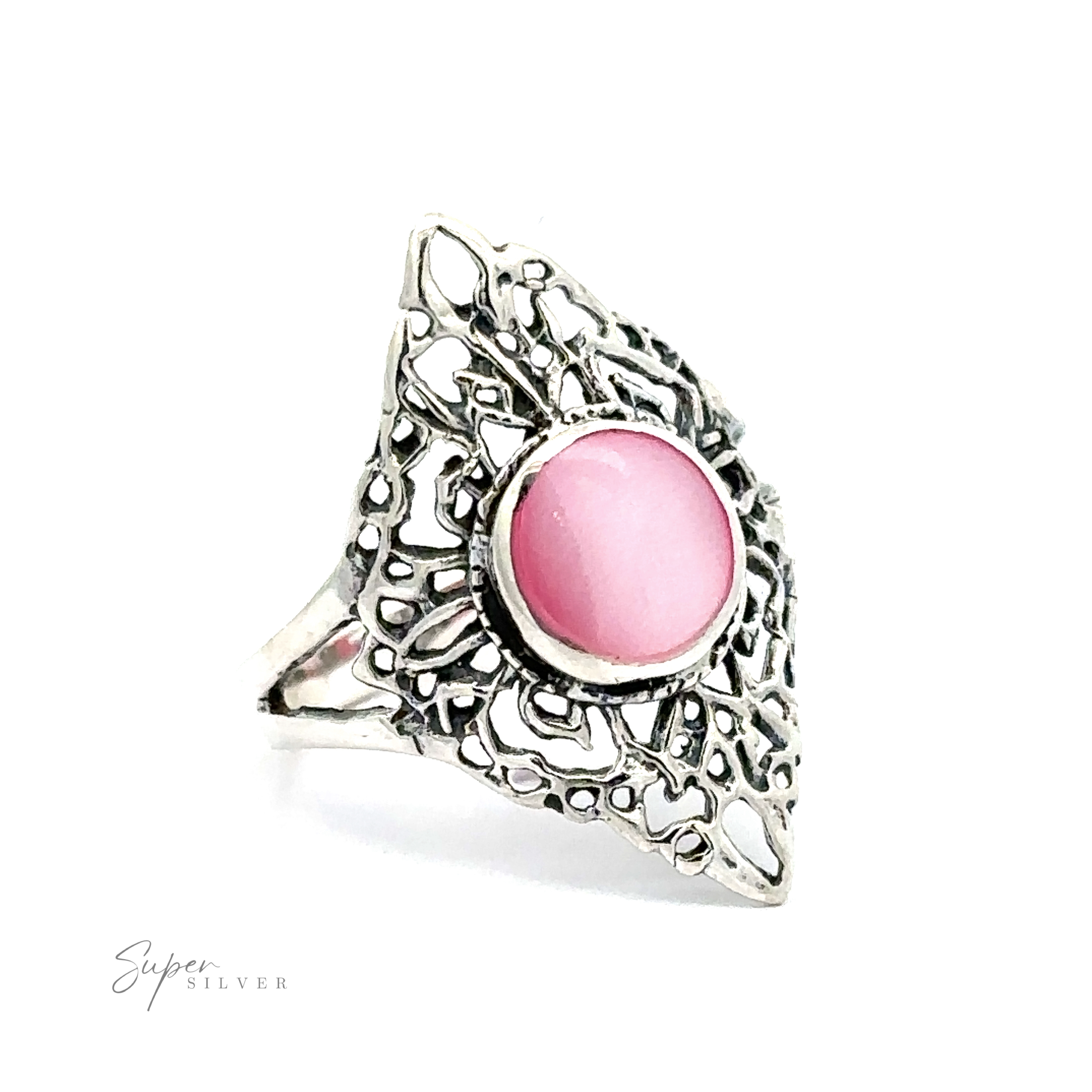 A Diamond Shaped Filigree ring with a round inlaid stone.