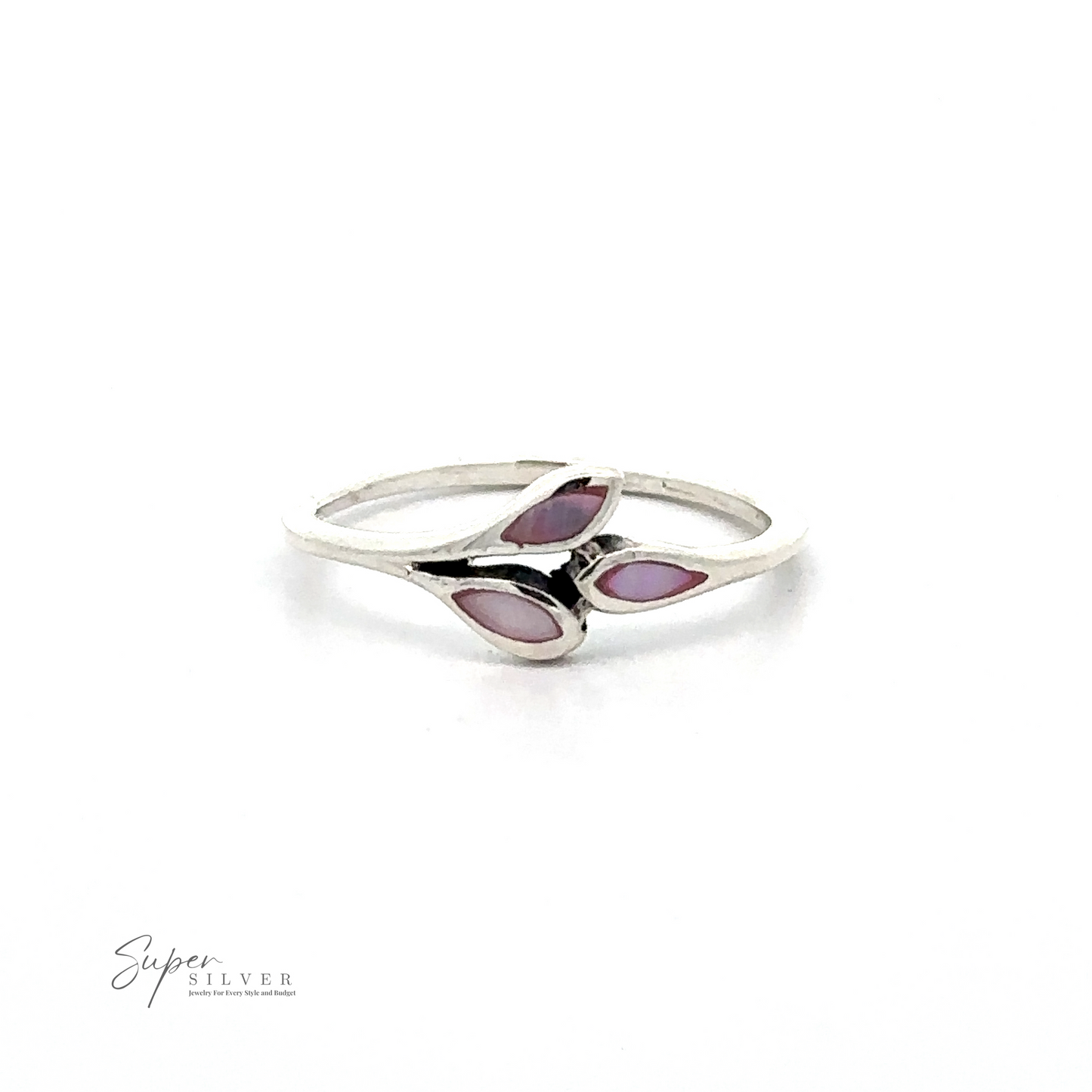 
                  
                    A Tiny Leaves Ring with Inlaid Stones with a design featuring three marquise-shaped purple stones arranged in a Tiny Leaf Design pattern. The "Super Silver" logo is visible in the bottom left corner.
                  
                