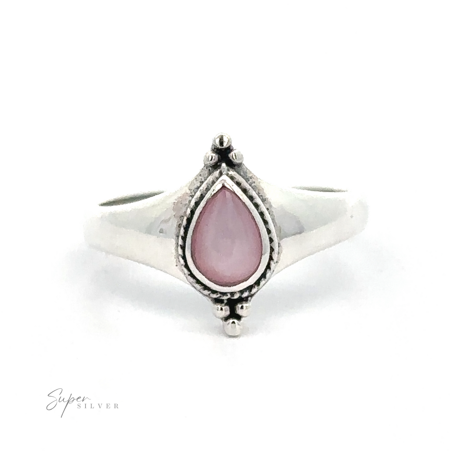
                  
                    Sterling silver Teardrop Inlay Shield Ring with a pink gemstone set in a detailed mount.
                  
                