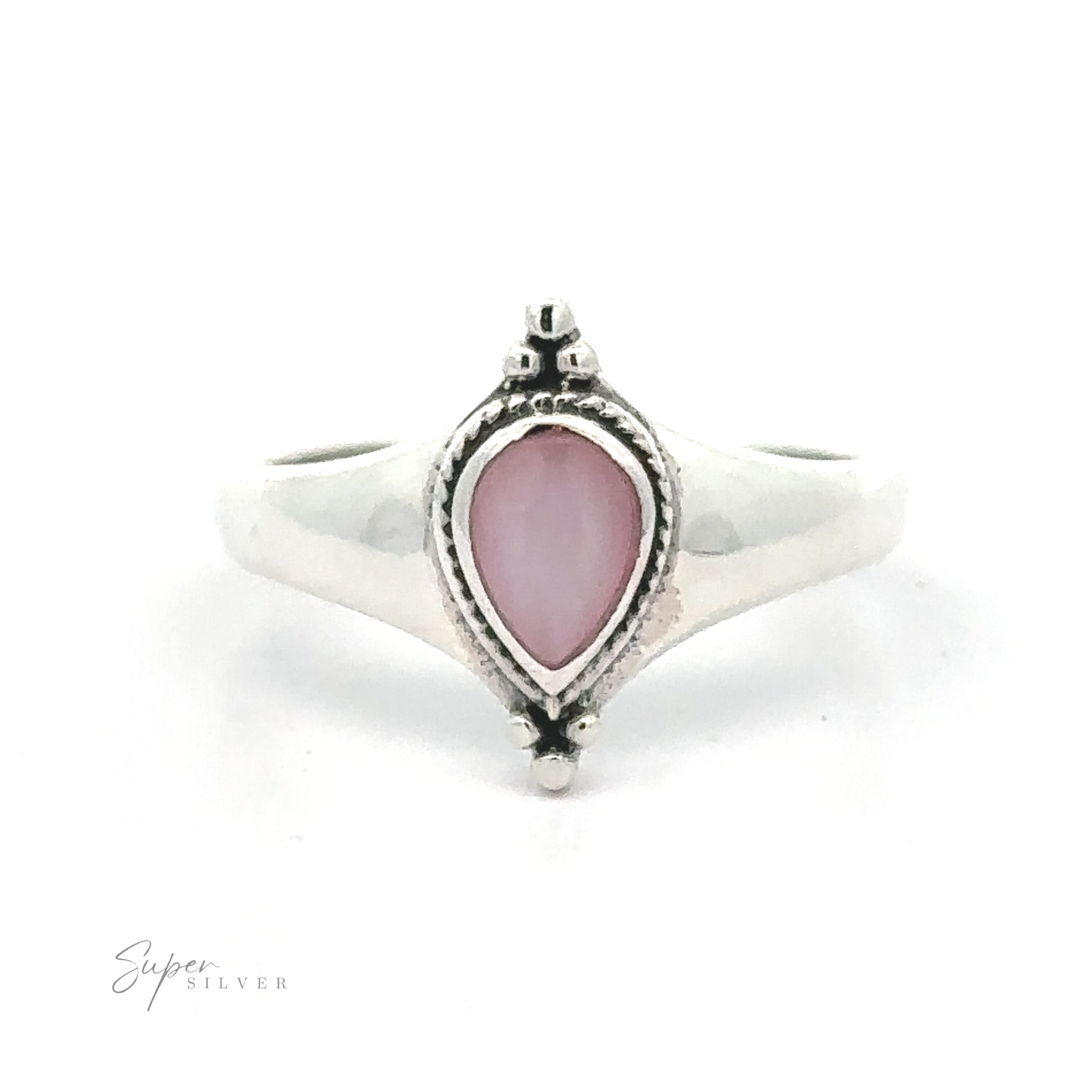 Sterling silver Teardrop Inlay Shield Ring with a pink gemstone centerpiece.