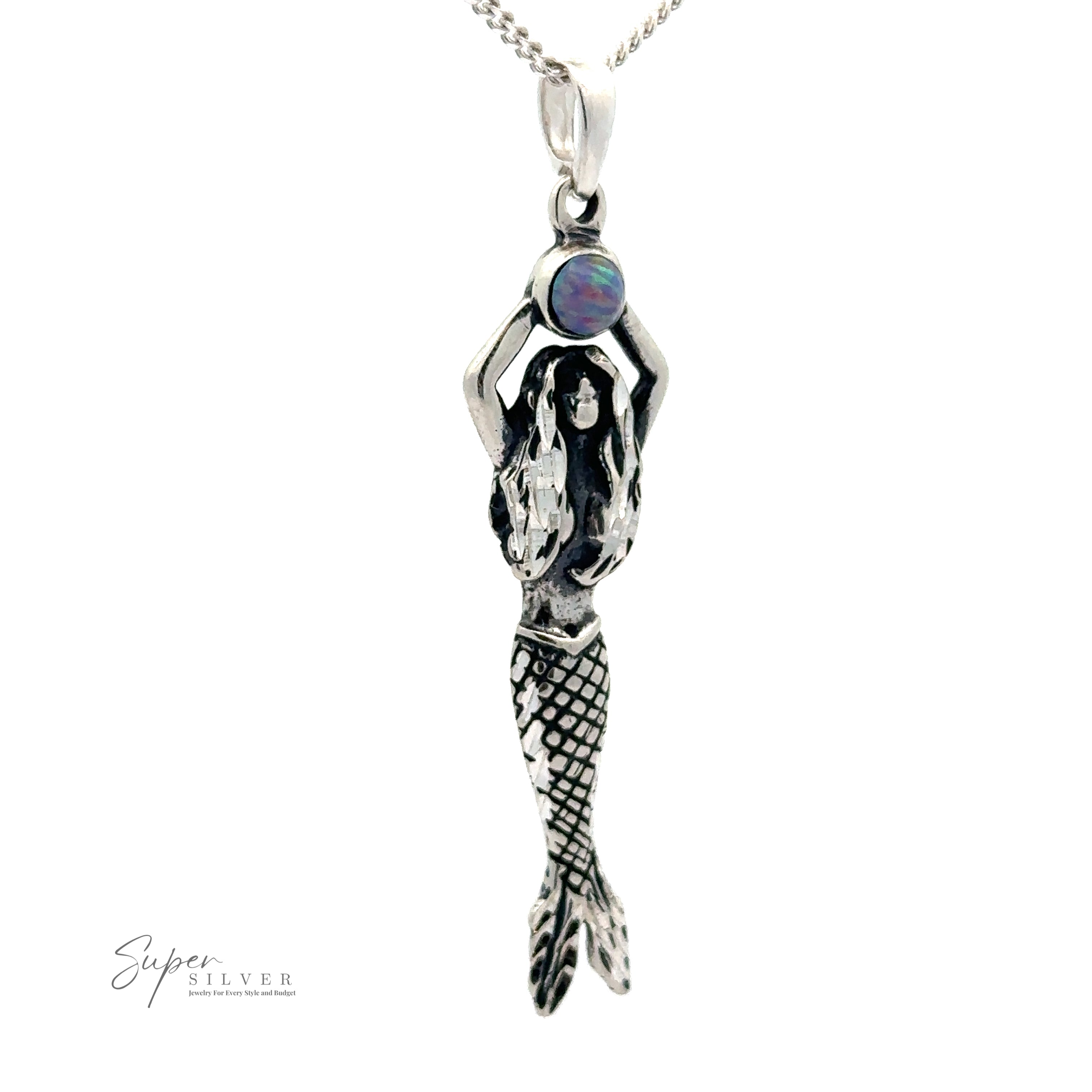 A Mermaid And Opal Pendant is attached to an oxidized silver chain. The text "Super Silver" is in the lower left corner.