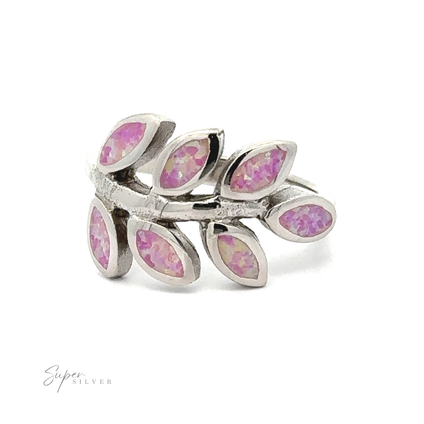 
                  
                    Lab-Created Opal Fern Ring with lab-created pink opal inlays arranged in a fern leaf pattern.
                  
                