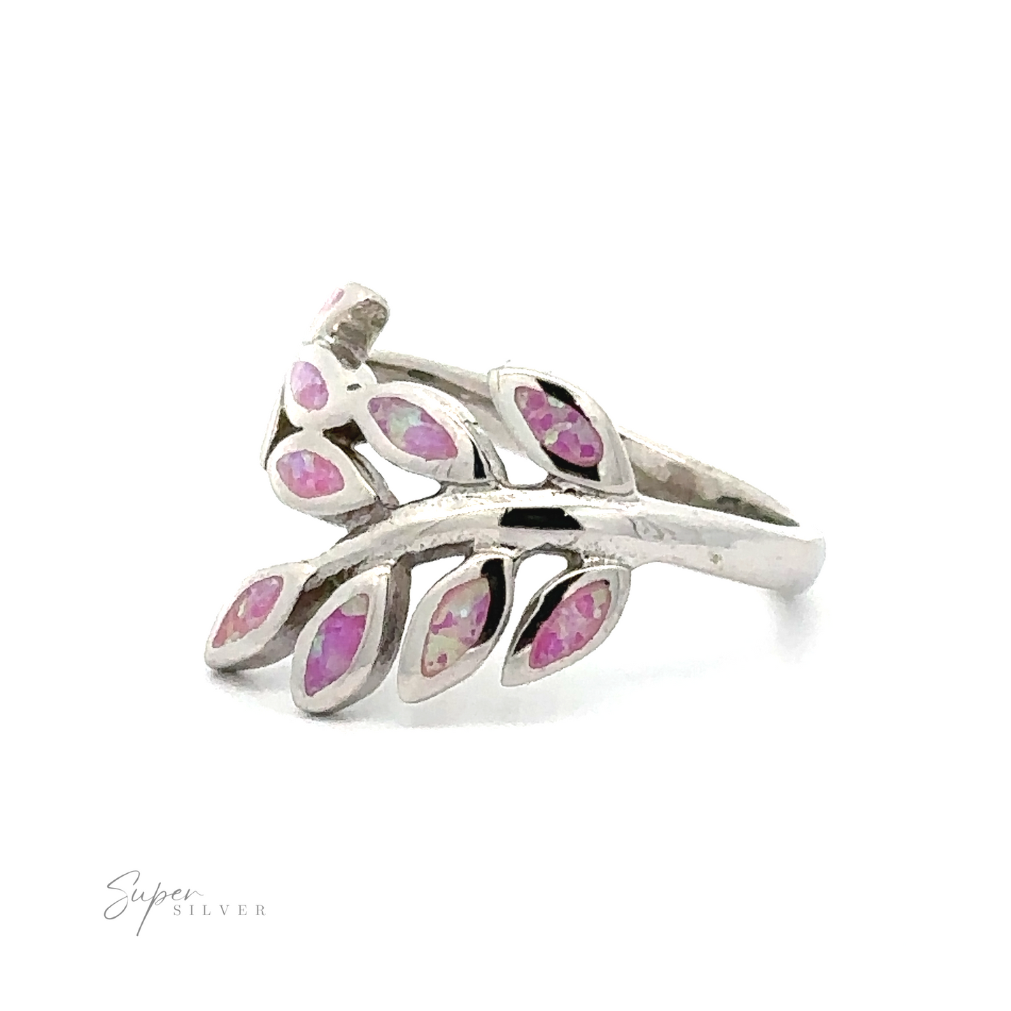 
                  
                    Silver leaf-shaped ring with Lab-Created Opal Fern Motif inlays.
                  
                