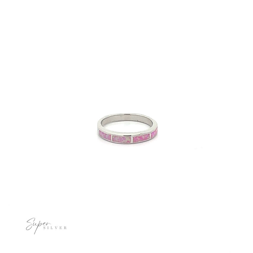 
                  
                    Minimalist silver ring with pink square-cut Striped Lab Opal Band inlays.
                  
                