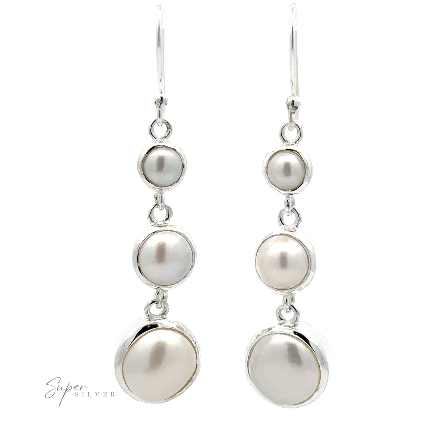 A pair of Graduating Pearl Earrings crafted in sterling silver, featuring three pearl-like stones arranged vertically in increasing size. The "Super Silver" logo is visible at the bottom left corner.