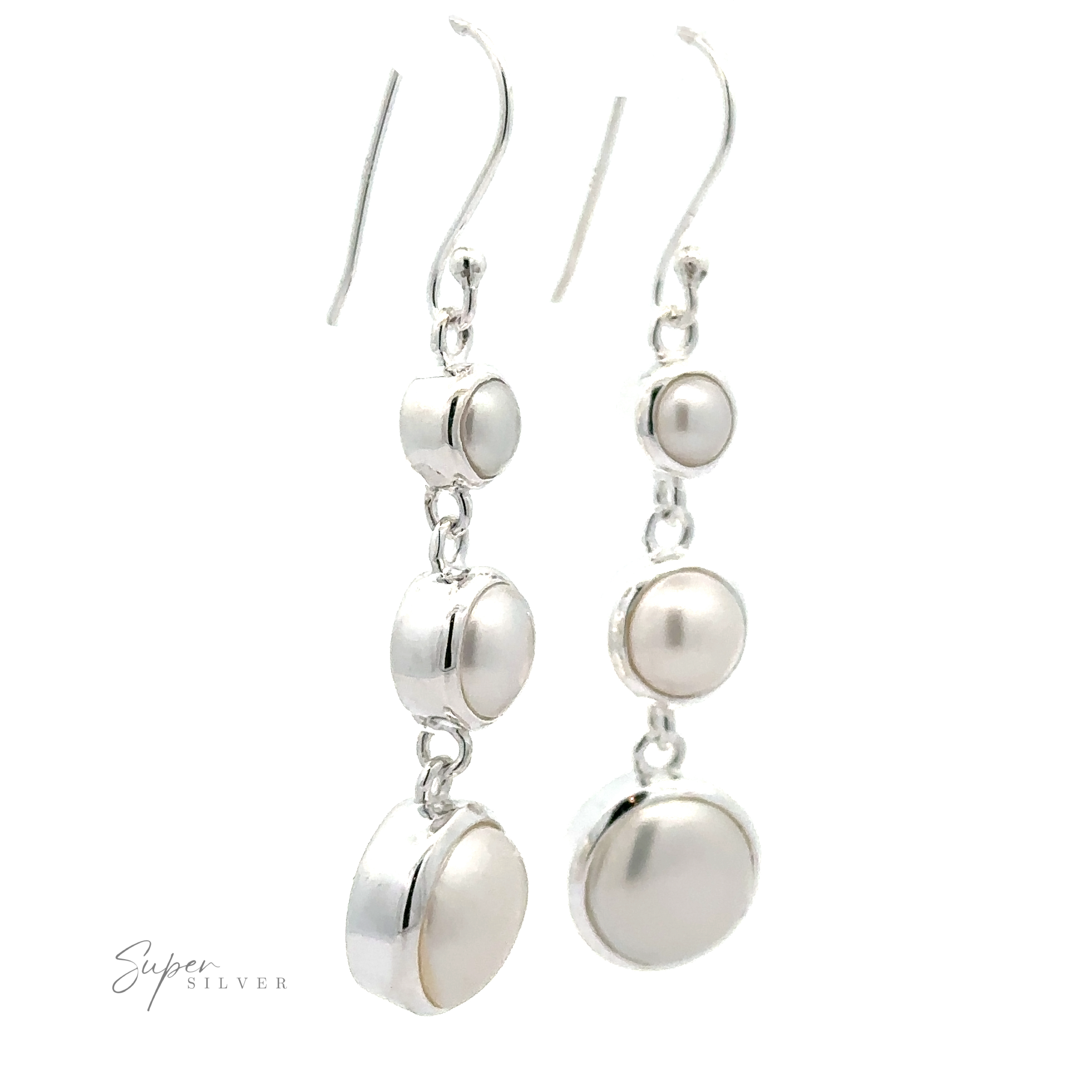 A pair of **Graduating Pearl Earrings** with three linked round segments, each featuring a pearlescent center, set in sterling silver. Text on the bottom left reads "Super Silver.