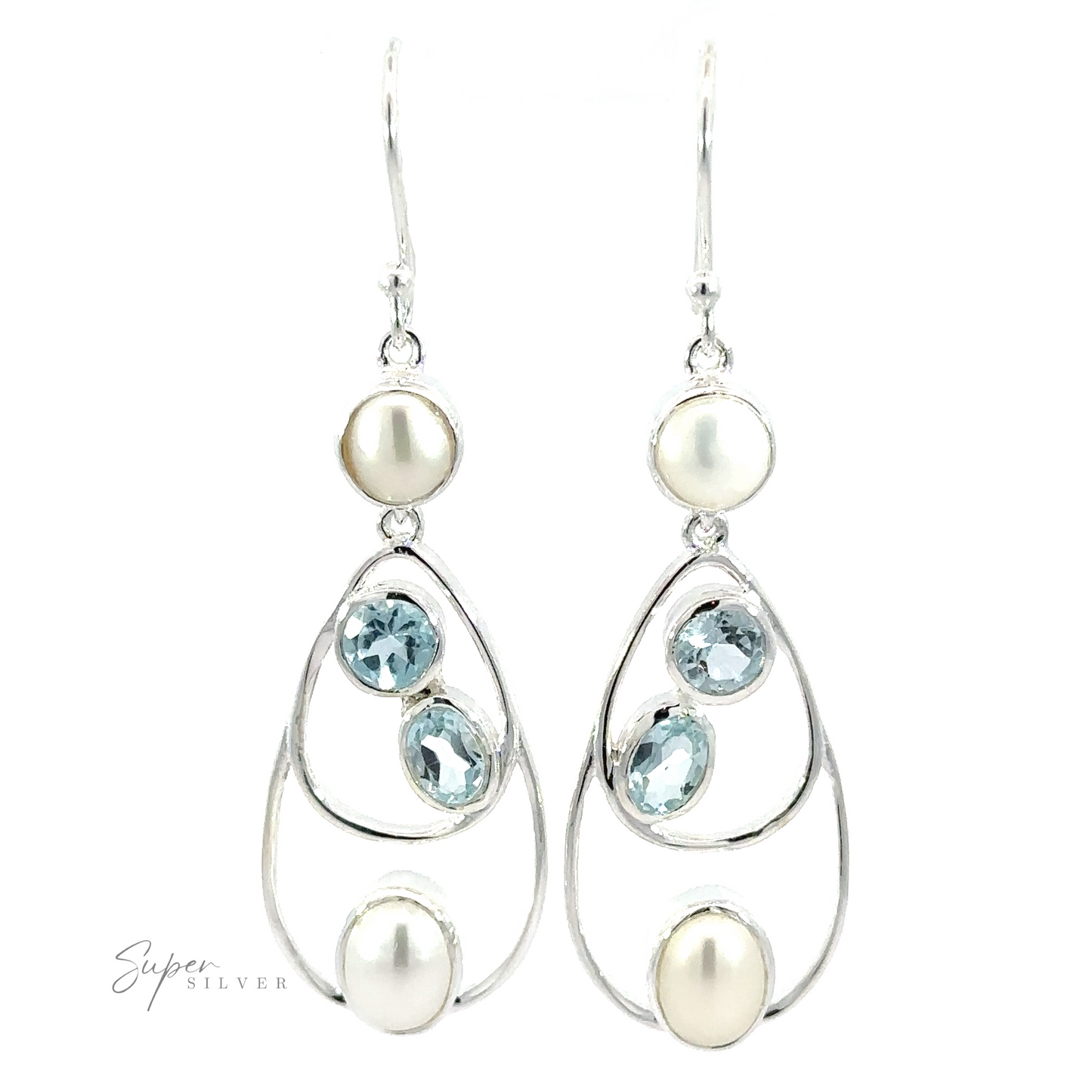A pair of Stunning Teardrop Pearl and Blue Topaz Earrings featuring round and oval blue gemstones and pearls, with a hook fastening.
