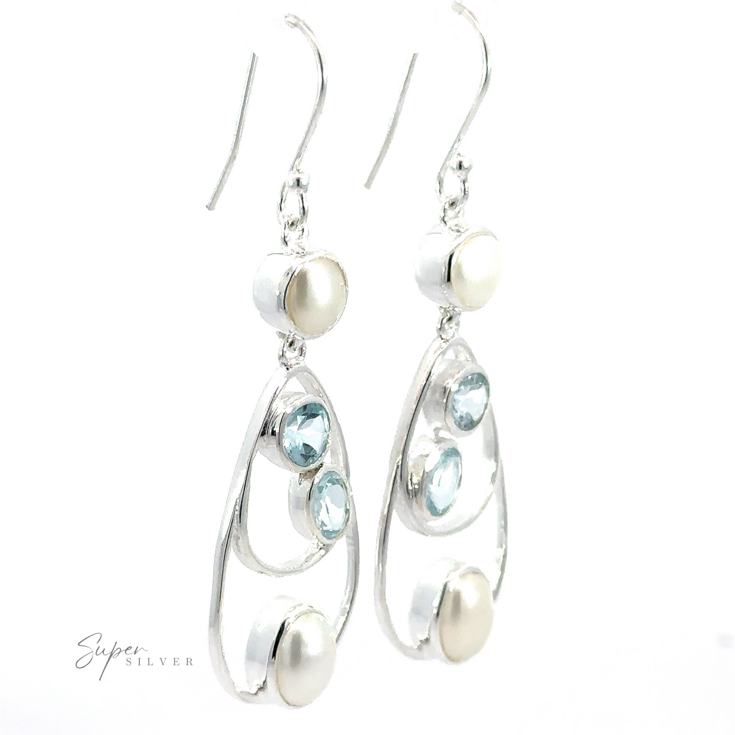 
                  
                    A pair of sterling silver earrings featuring pearl-like and light blue gemstone accents, with an elegant, curvilinear design is the Stunning Teardrop Pearl and Blue Topaz Earrings.
                  
                