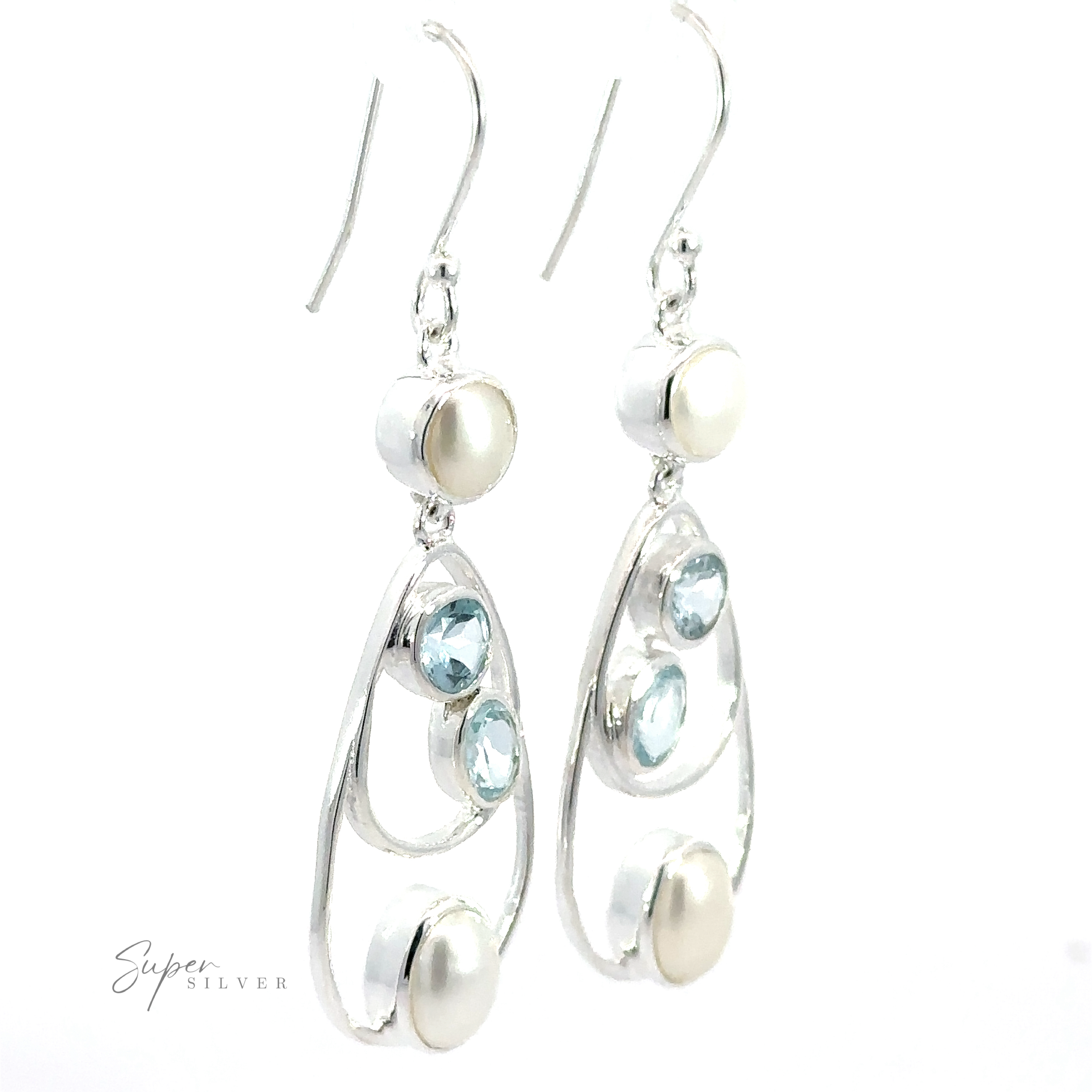 A pair of sterling silver earrings featuring pearl-like and light blue gemstone accents, with an elegant, curvilinear design is the Stunning Teardrop Pearl and Blue Topaz Earrings.