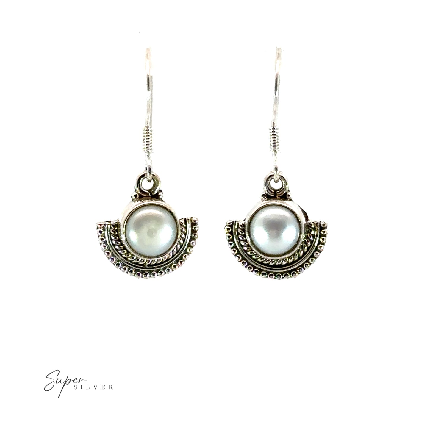 
                  
                    A pair of Round Gemstone Earrings with Fan Setting with white pearls and rustic silver accents.
                  
                