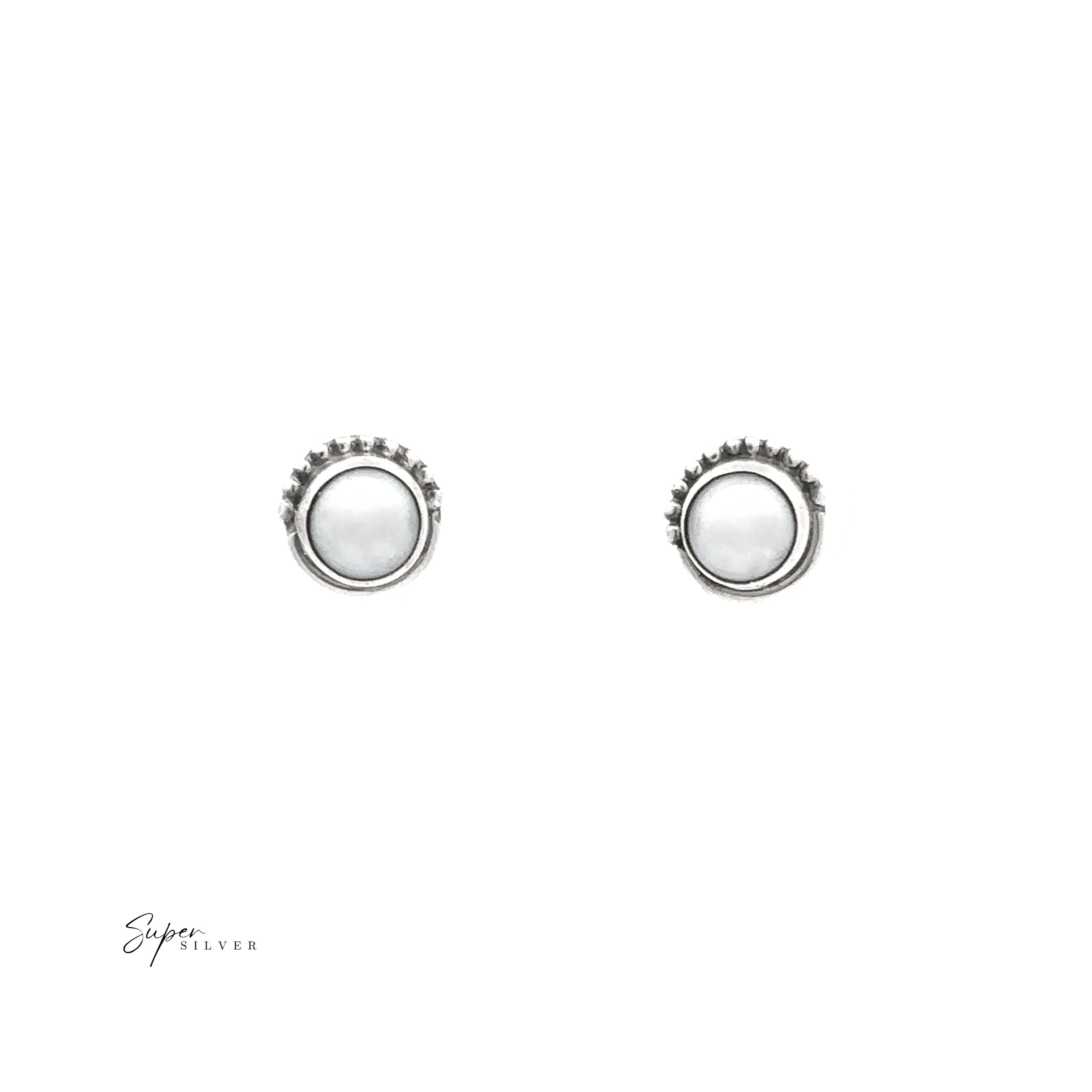 A pair of 5mm Gemstone Studs With Half Bead Design in sterling silver, featuring white pearl centers and a beaded border, displayed on a white background.