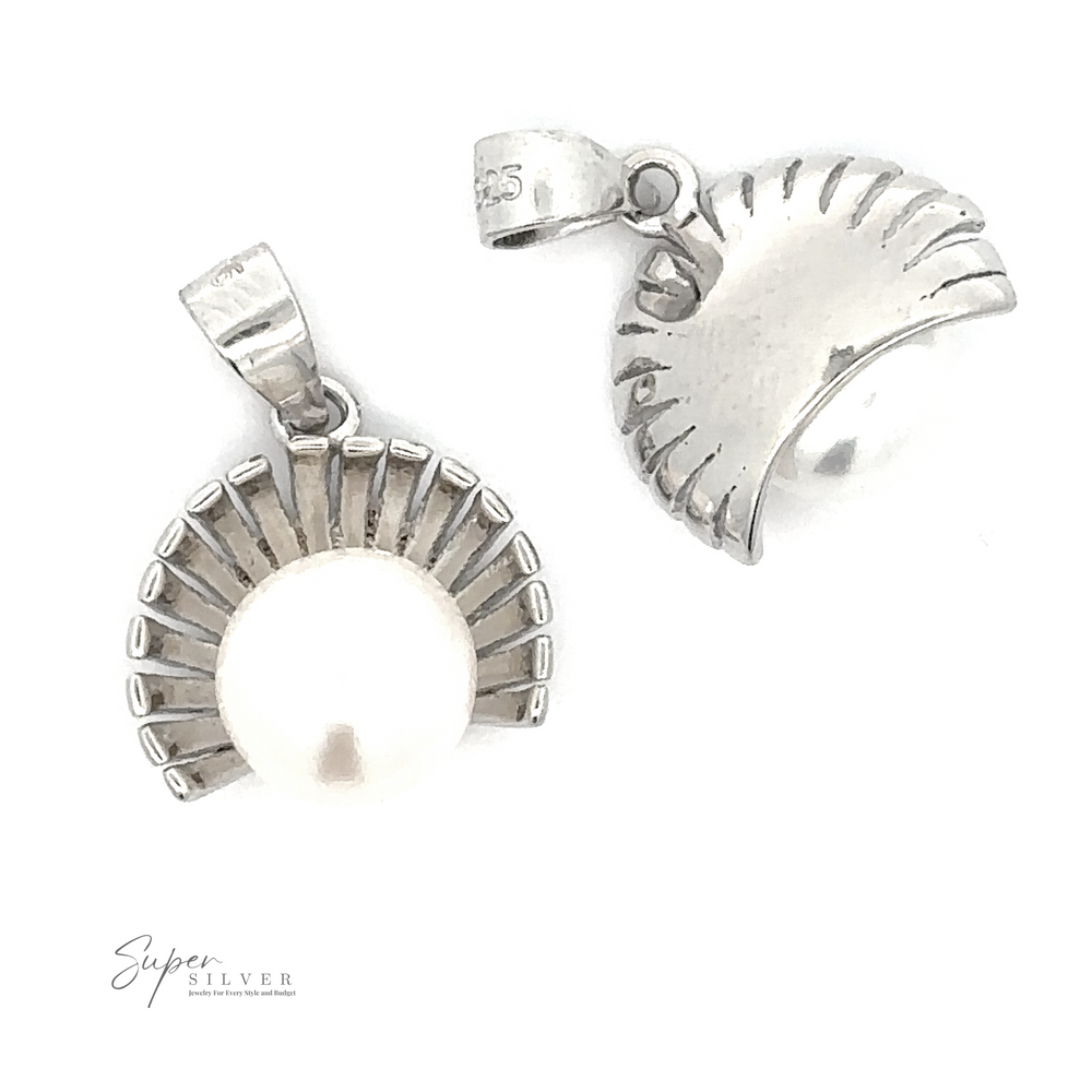 
                  
                    Two Pearl Pendants with Shell Background, one shown from the front and the other from the back. The pendants feature a sunburst design and "925" is inscribed on the bail, indicating sterling silver. The petite half shell design adds a delicate touch to these elegant pieces.
                  
                