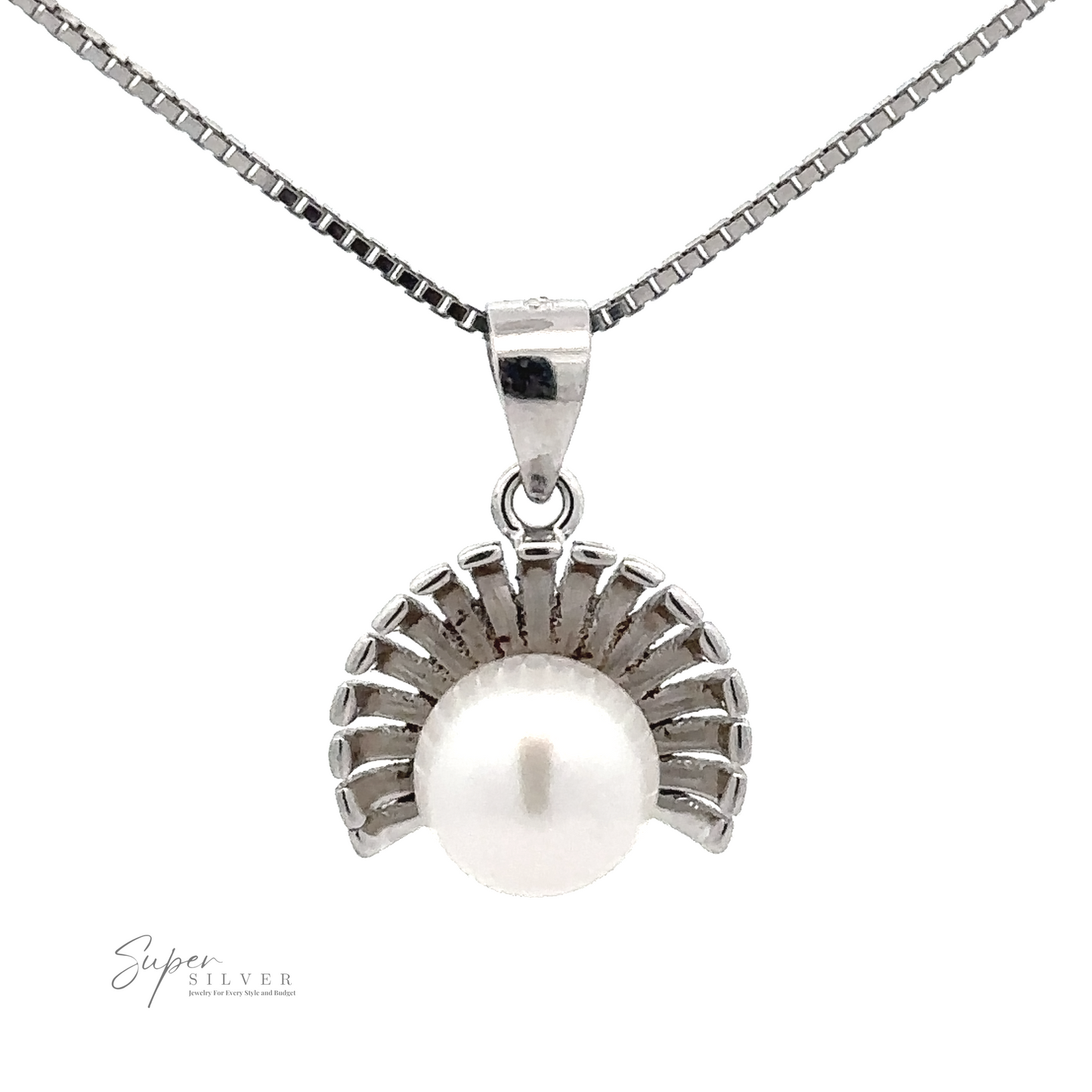 A Pearl Pendant with Shell Background featuring a fresh water pearl encircled by a petite half shell design. The chain is a box-link style. The branding "Super Silver" is visible in the bottom left corner.