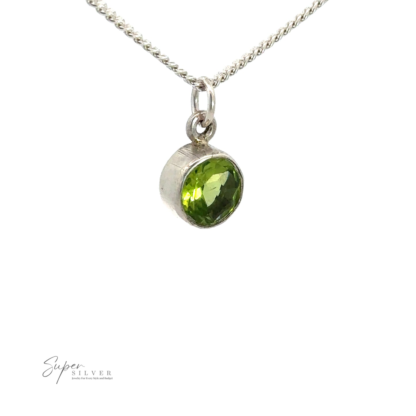 
                  
                    A silver necklace with a Round Peridot Pendant, the birthstone for August, photographed against a white background with the logo "Super Silver" in the bottom left corner.
                  
                