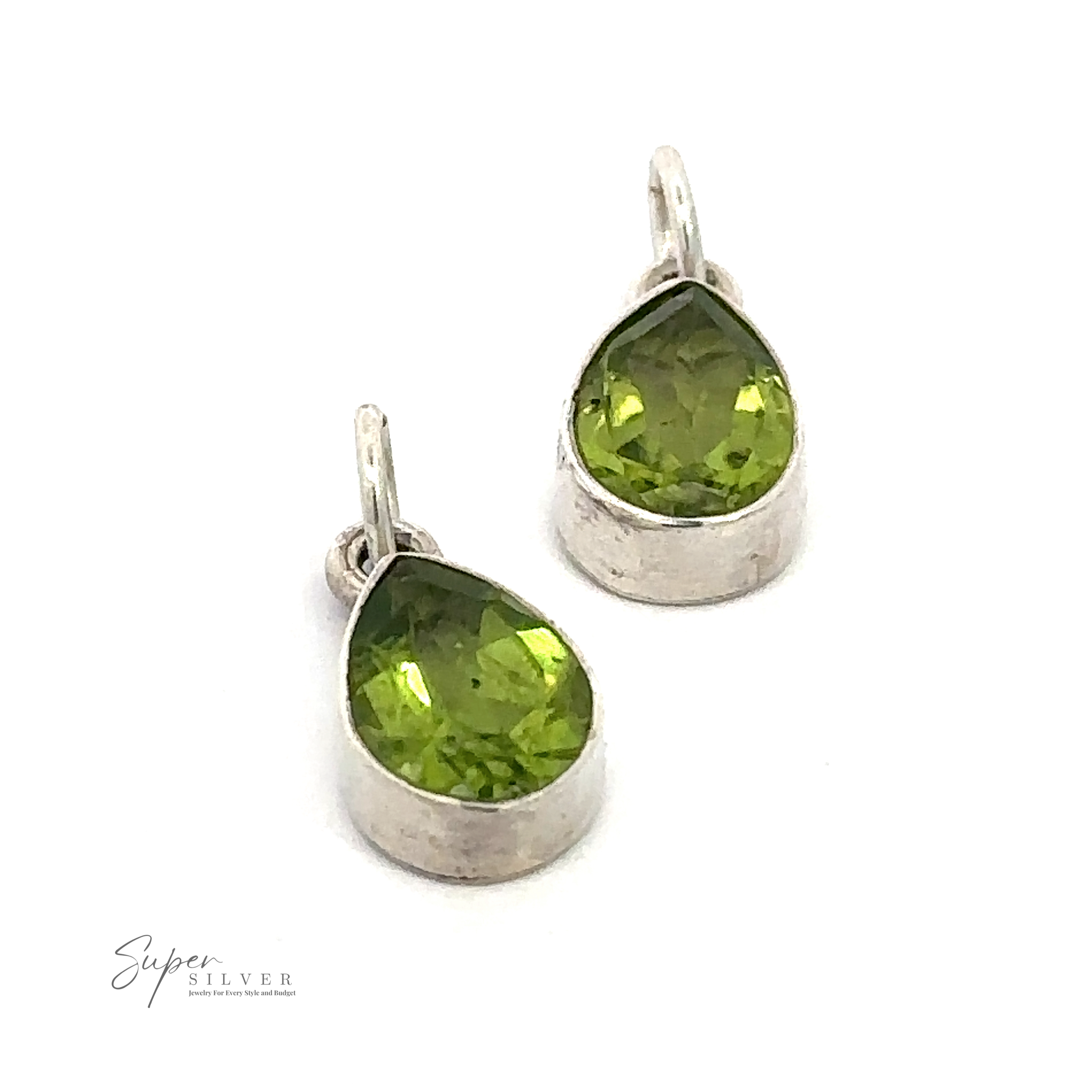 A Peridot Teardrop Pendant featuring pear-shaped green gemstone drops, perfect as an August birthstone accessory. The brand name "Super Silver" is visible in the bottom left corner.