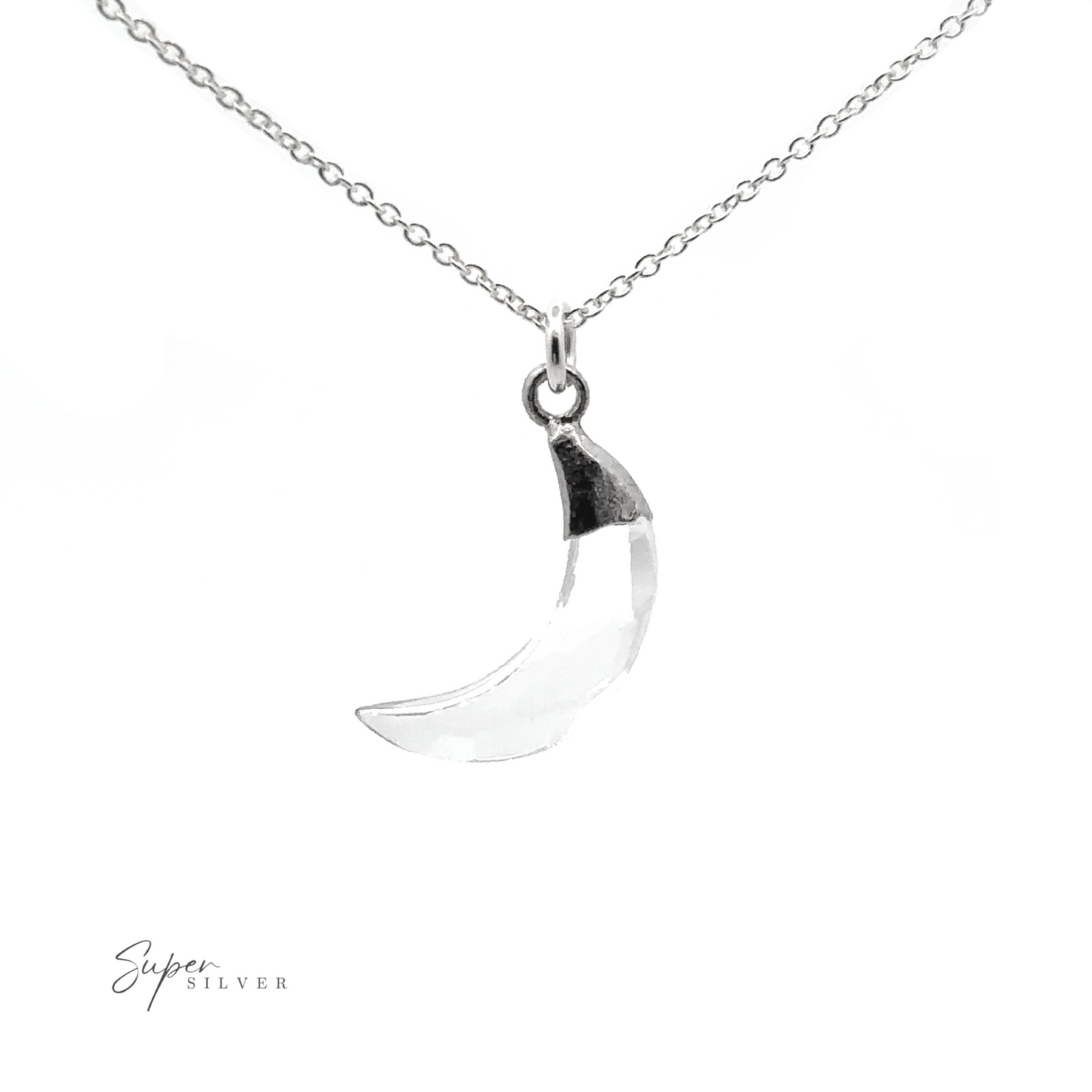 
                  
                    A silver necklace with a crescent shaped pendant featuring a moon motif, the Delicate Stone Moon Necklaces.
                  
                