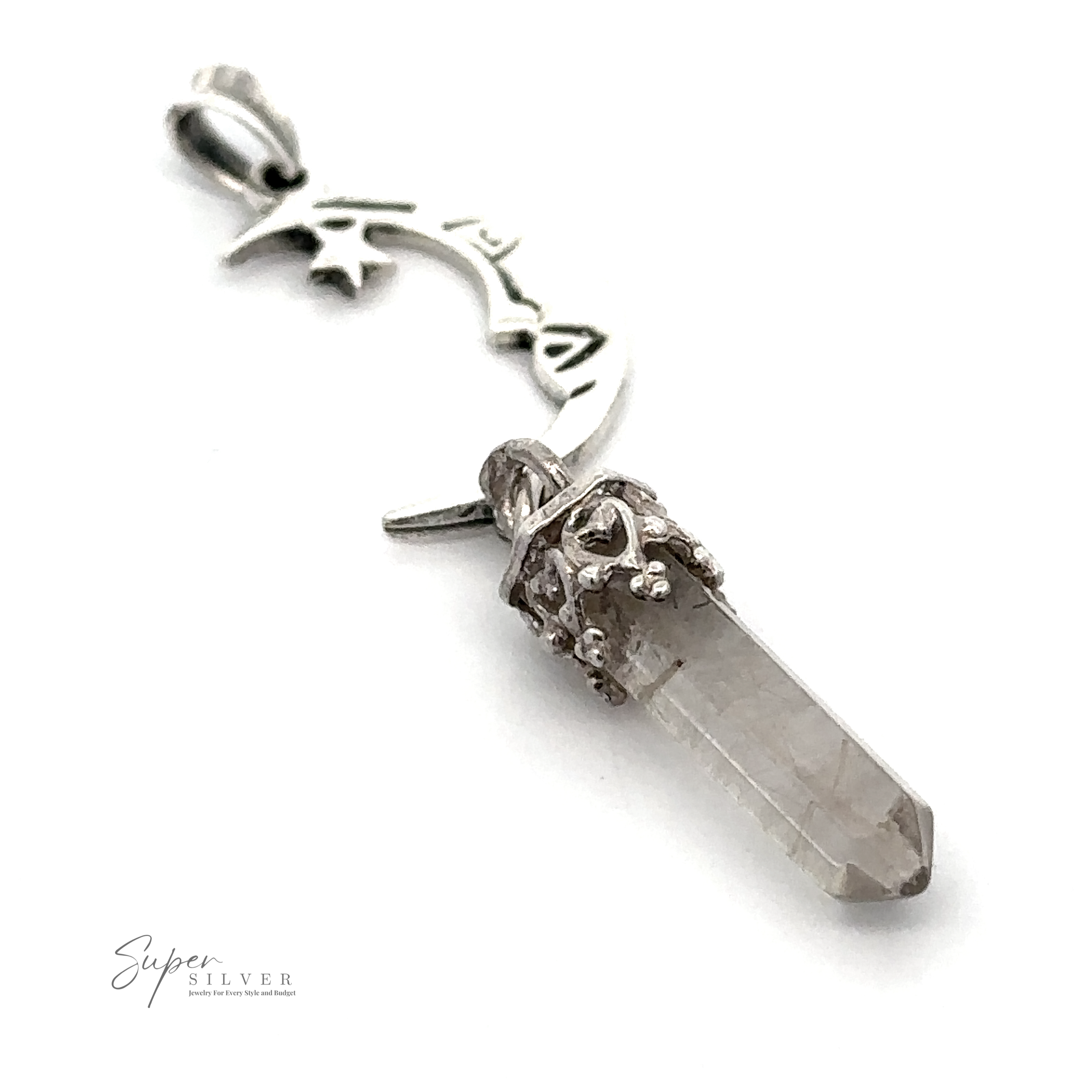 The Crescent Moon With Crystal Pendant features a silver crescent moon design and a clear quartz crystal point with decorative silver detailing, making this necklace ideal for fans of celestial style.