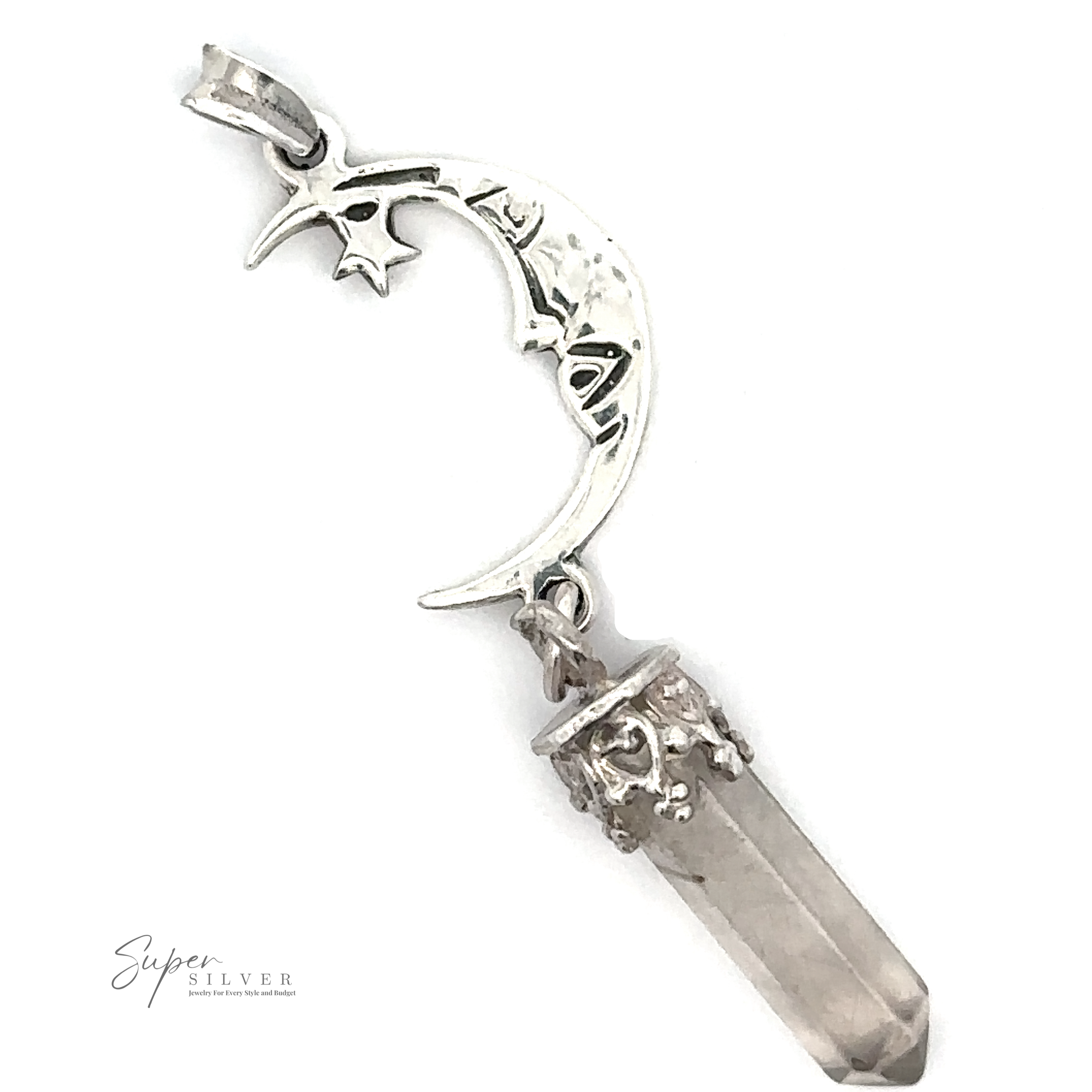 The Crescent Moon With Crystal Pendant features a sterling silver crescent moon, a star, and a clear quartz crystal point—an enchanting necklace perfect for any occasion.