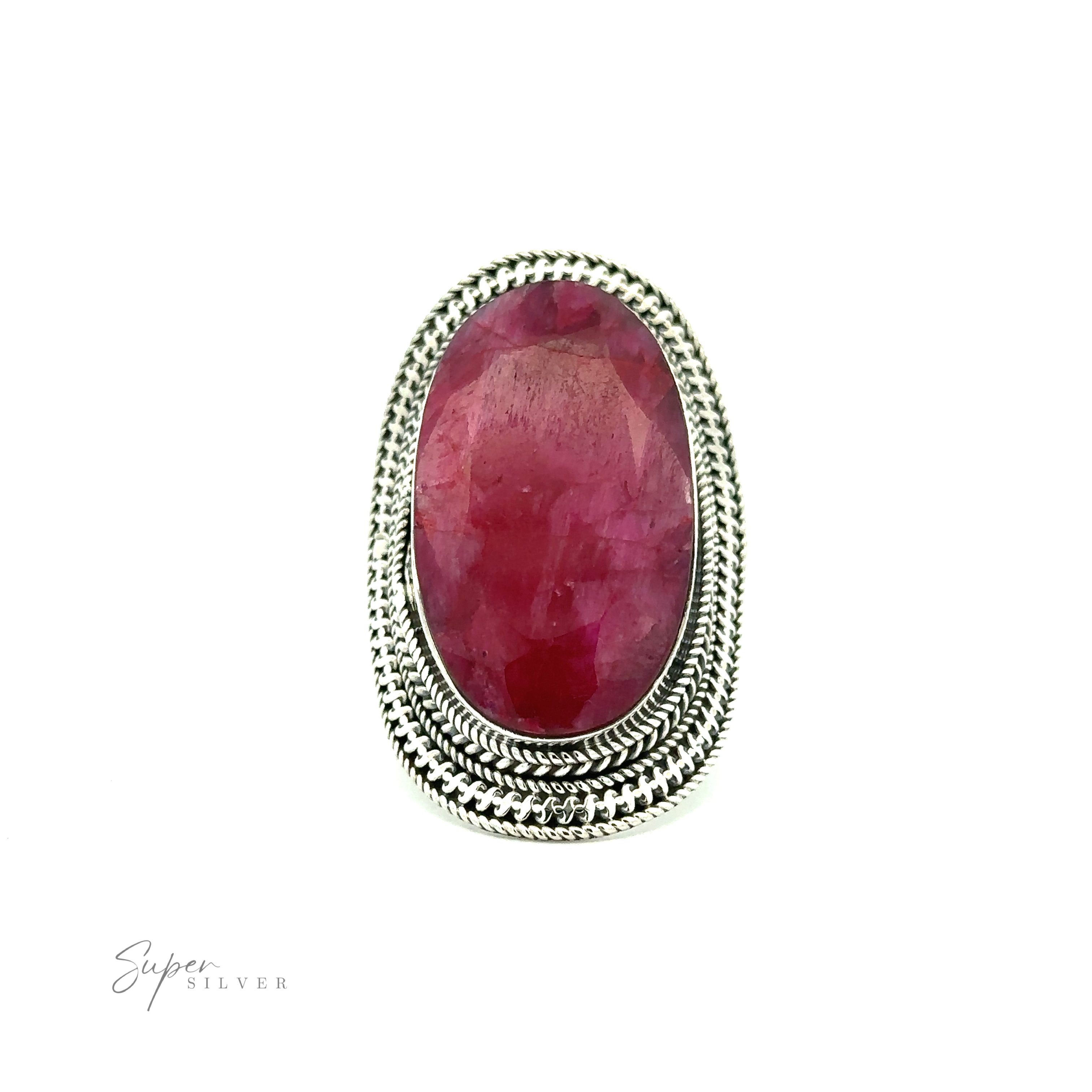A Large Oval Shield Gemstone Ring set in an intricately patterned silver ring with a dash of bohemian flair, labeled "Super Silver" at the bottom left. The background is white.