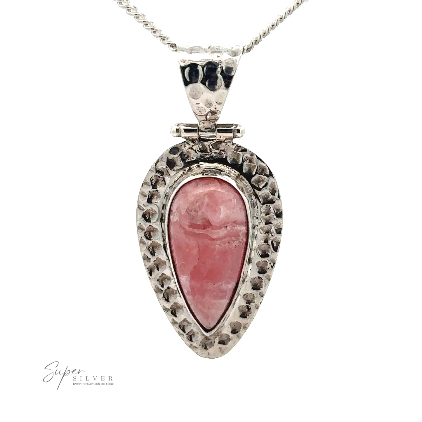 
                  
                    A silver Rhodochrosite Hammered Teardrop Pendant featuring a teardrop-shaped setting with a polished pink Rhodochrosite stone in the center. The pendant, known for its emotional healing properties, has a textured frame that enhances its unique design.
                  
                