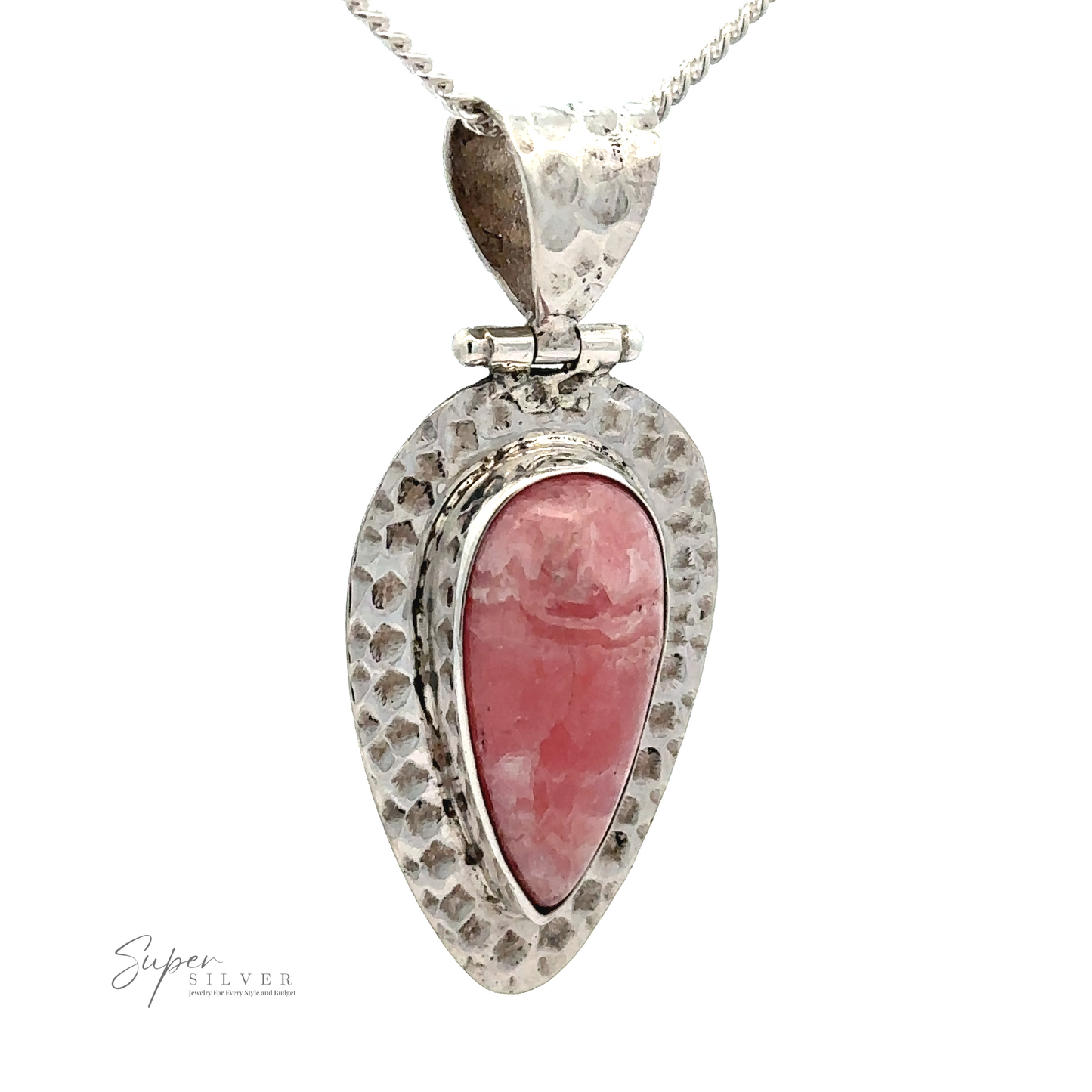
                  
                    A Rhodochrosite Hammered Teardrop Pendant, known for its emotional healing properties, set in a textured silver setting on a chain.
                  
                