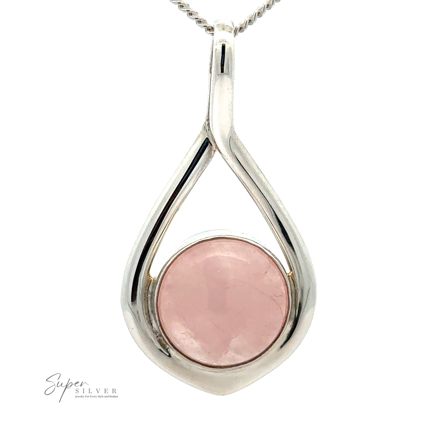 
                  
                    A Sterling Silver Pendant necklace featuring a light pink oval gemstone at its heart. The pendant boasts an open teardrop design, accentuating the Rose Quartz Teardrop Pendant's beauty, renowned for emotional healing. The Super Silver logo is visible in the corner.
                  
                
