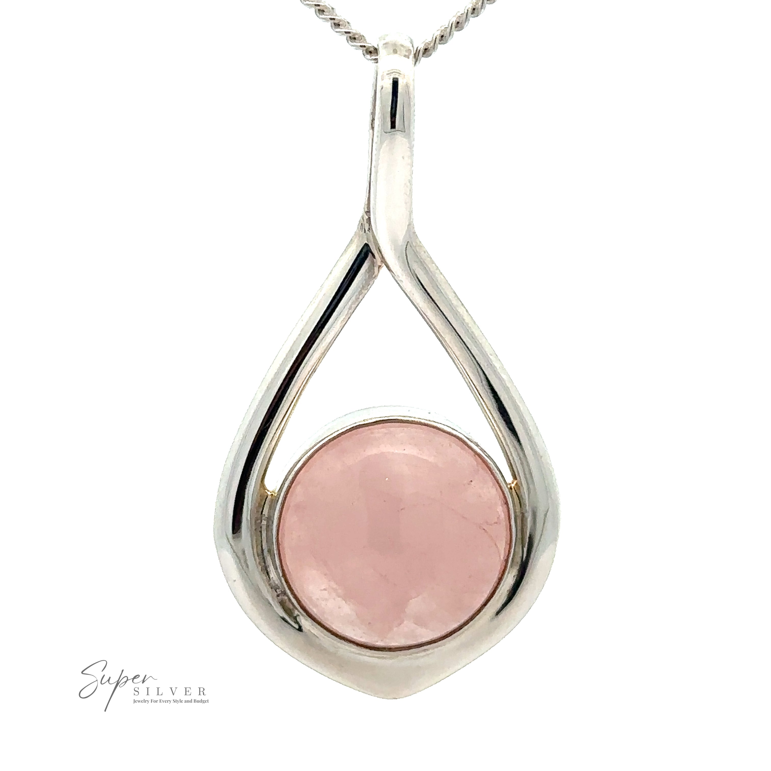 A Sterling Silver Pendant necklace featuring a light pink oval gemstone at its heart. The pendant boasts an open teardrop design, accentuating the Rose Quartz Teardrop Pendant's beauty, renowned for emotional healing. The Super Silver logo is visible in the corner.