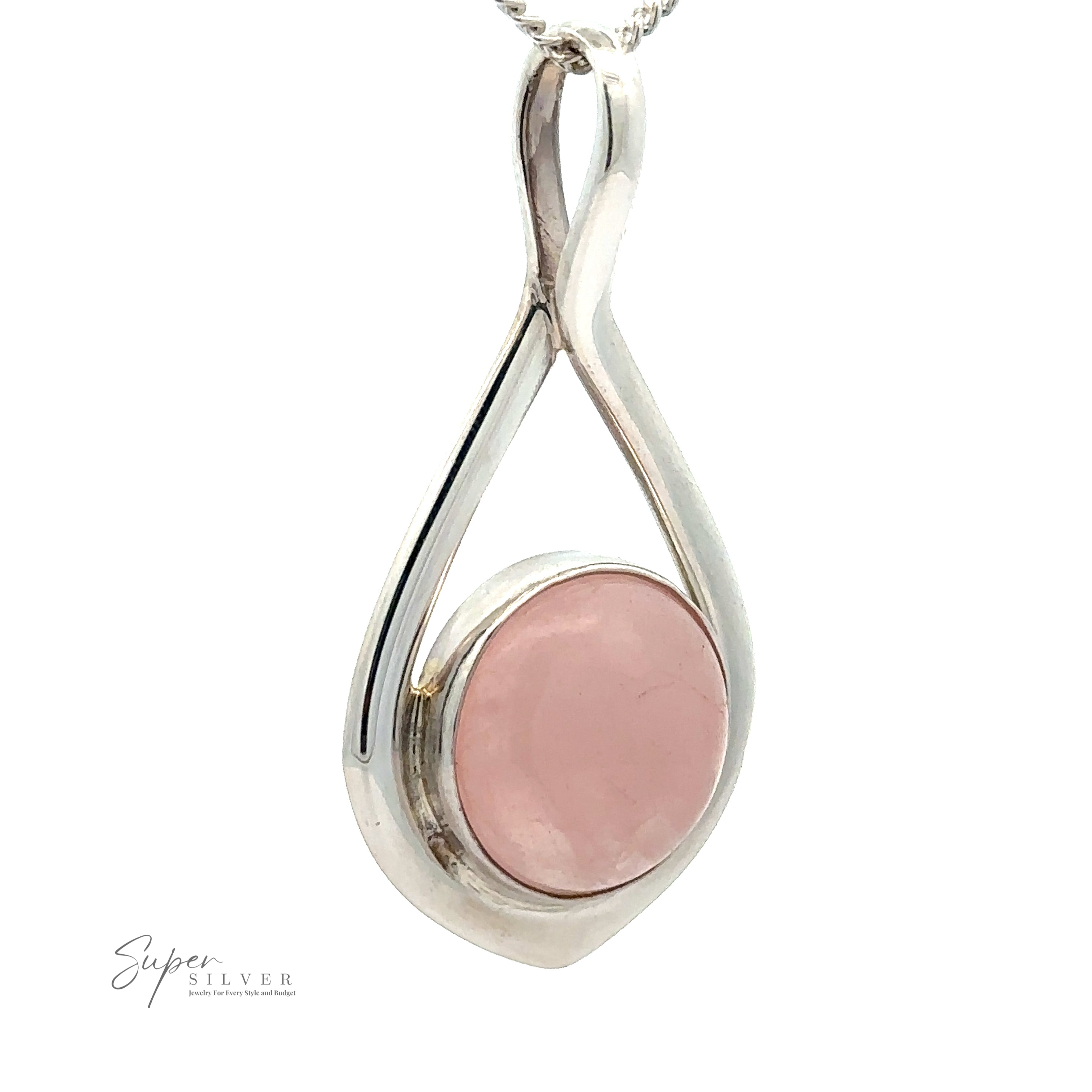 A Rose Quartz Teardrop Pendant with a looped design, featuring a round rose quartz stone in the center, suspended on a chain. This elegant piece of emotional healing jewelry radiates charm and tranquility.