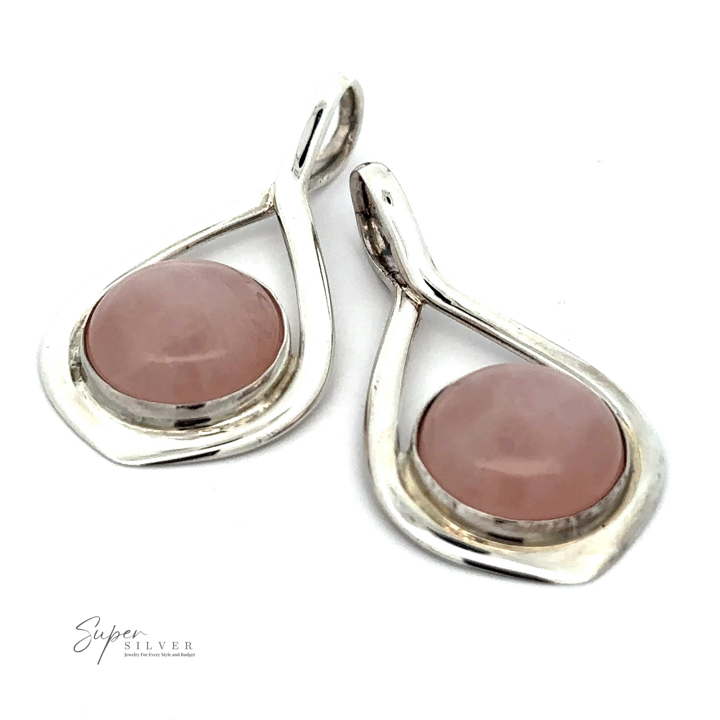 A pair of silver earrings featuring a twisted design, each with a round pink stone at the center. A small logo at the bottom left reads "Super Silver." These Rose Quartz Teardrop Pendant jewelry pieces beautifully highlight the elegance of sterling silver pendants.
