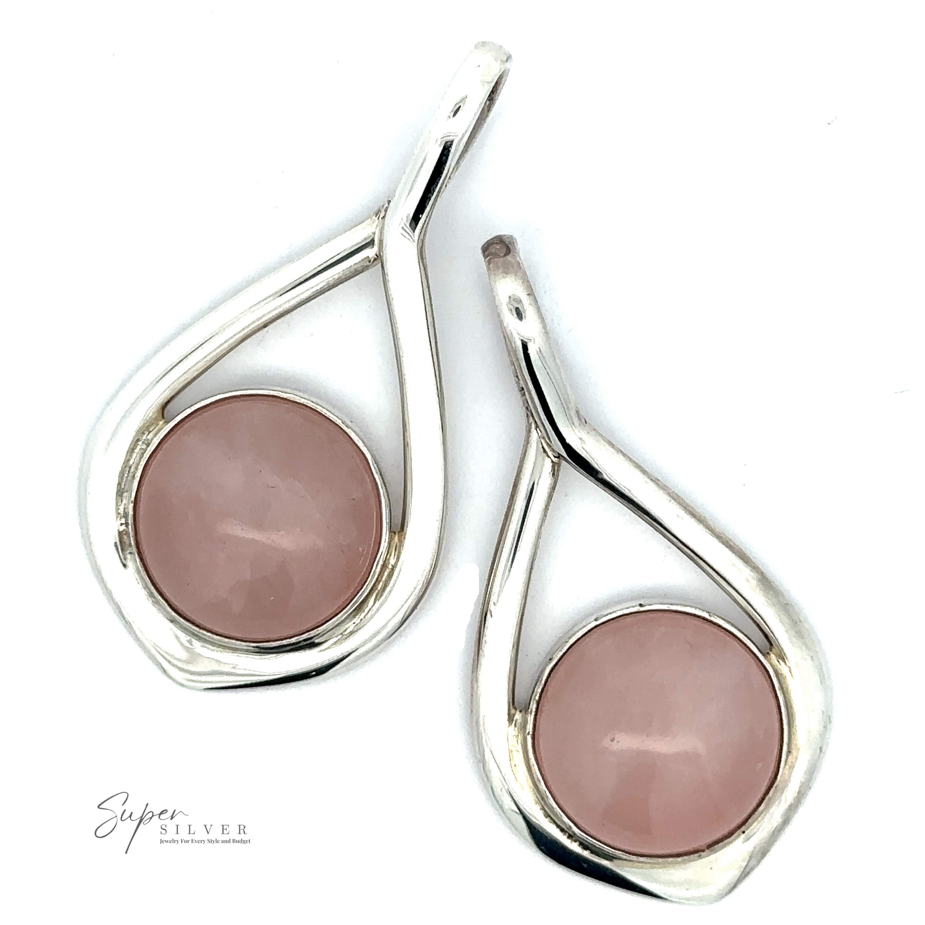 A Rose Quartz Teardrop Pendant with teardrop-shaped frames and round rose quartz stones in the center, known for their emotional healing properties, features a logo in the lower left corner that reads "Super Silver.