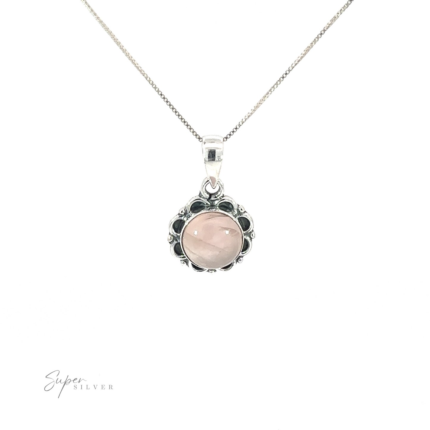 
                  
                    A Round Gemstone Pendant with Flower Border on a silver chain.
                  
                