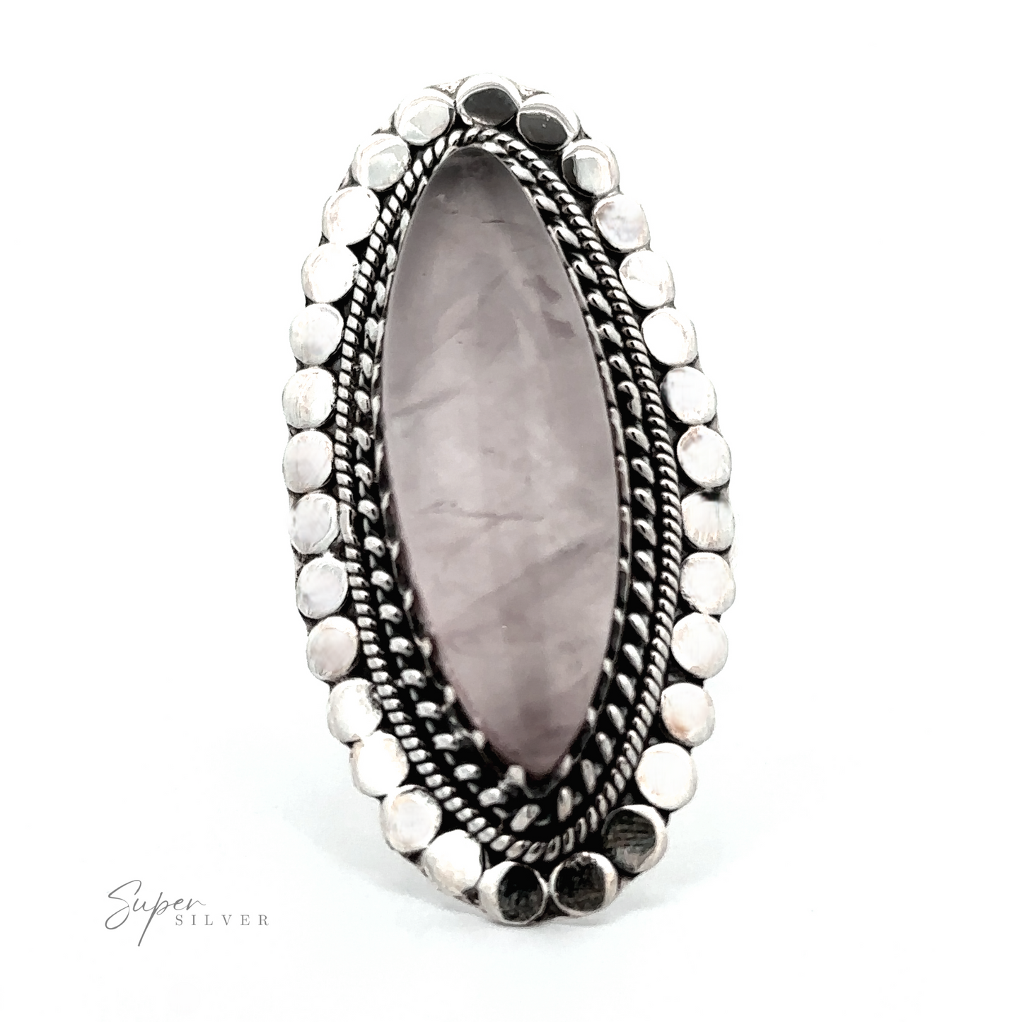 
                  
                    A Statement Marquise Shaped Gemstone Ring with a marquise-shaped pink gemstone, surrounded by a beaded decorative border.
                  
                