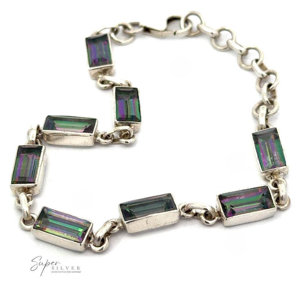 A Rectangle Rainbow Mystic Topaz Bracelet featuring rectangular, multi-colored gemstone links connected by small silver rings. The bracelet has a clasp closure, perfect for any occasion. The brand 