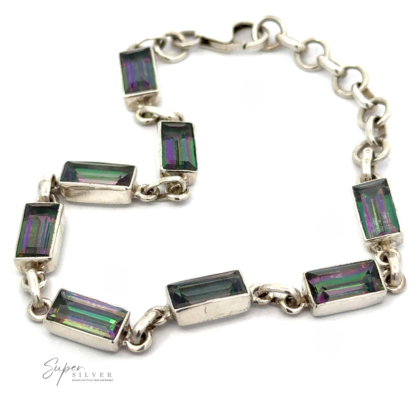 A Rectangle Rainbow Mystic Topaz Bracelet featuring rectangular, multi-colored gemstone links connected by small silver rings. The bracelet has a clasp closure, perfect for any occasion. The brand "Super Silver" is visible in the bottom-left corner.