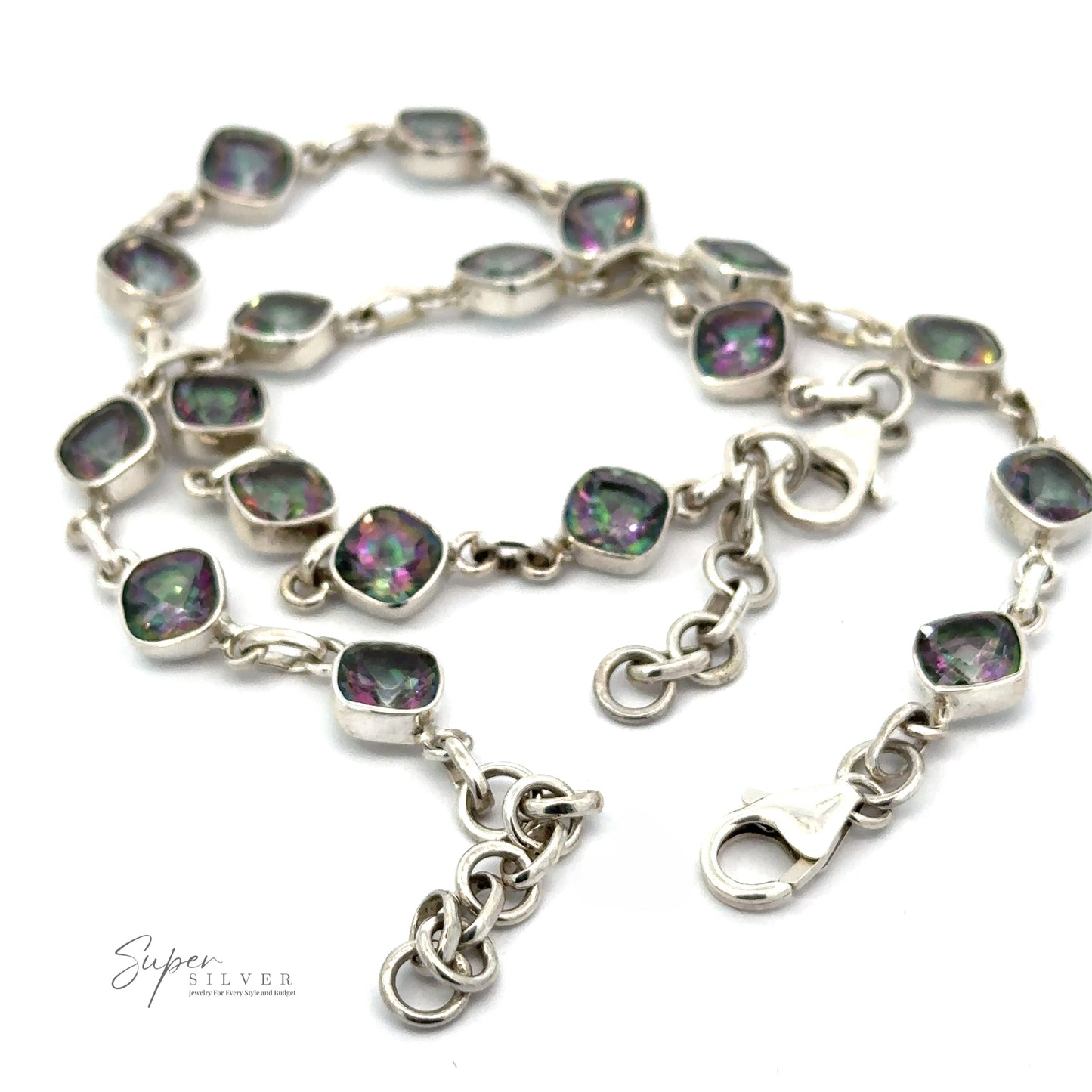 
                  
                    A Rainbow Mystic Topaz Diamond Link Bracelet with rectangular multicolored gemstone links, featuring a lobster clasp closure, displayed against a white background. "Super Silver" branding is visible in the bottom left corner.
                  
                