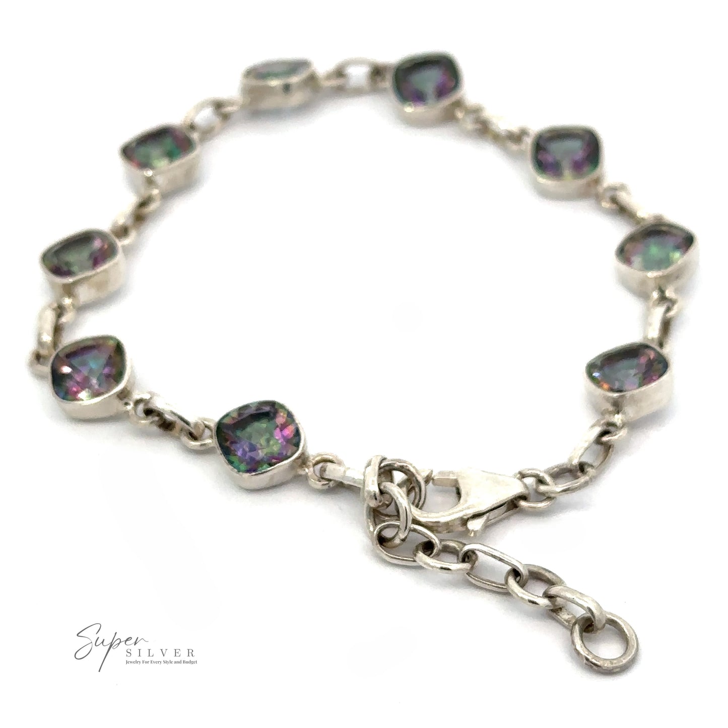 
                  
                    A Rainbow Mystic Topaz Diamond Link Bracelet with a lobster clasp featuring square-shaped, prismatic Mystic Topaz stones set in linked frames. The bracelet is displayed on a white background.
                  
                