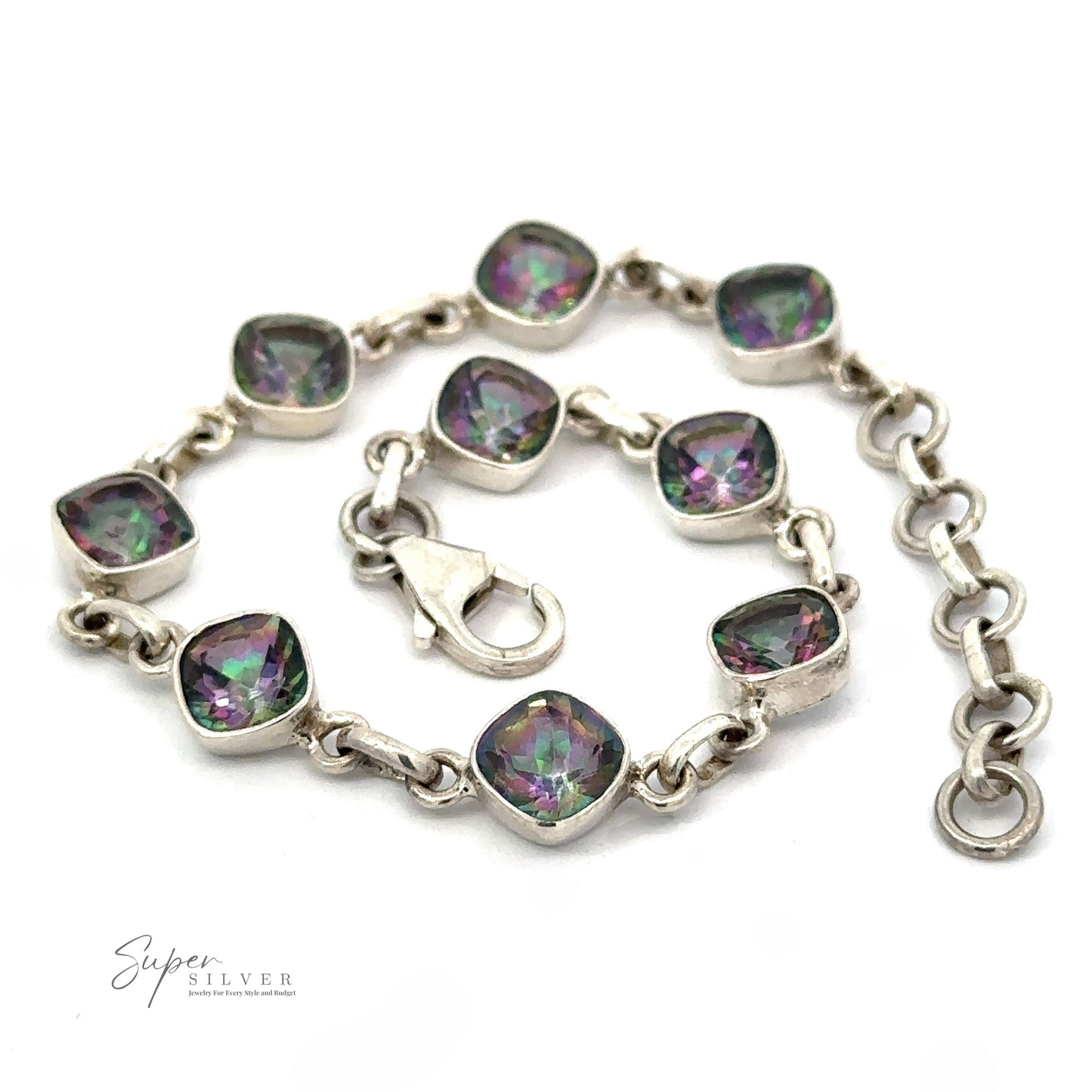 
                  
                    A Rainbow Mystic Topaz Diamond Link Bracelet featuring purple and green gem-like stones in square settings with a lobster clasp and an adjustable chain.
                  
                