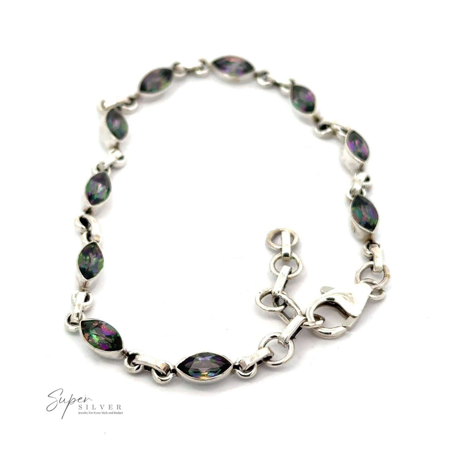 
                  
                    The sterling silver bracelet features oval-shaped stones with multicolored iridescent patterns. A lobster clasp ensures secure fastening, and "Super Silver" branding is visible in the bottom left corner. This beautiful Rainbow Mystic Topaz Marquise Link Bracelet adds a touch of mystique to any outfit.
                  
                