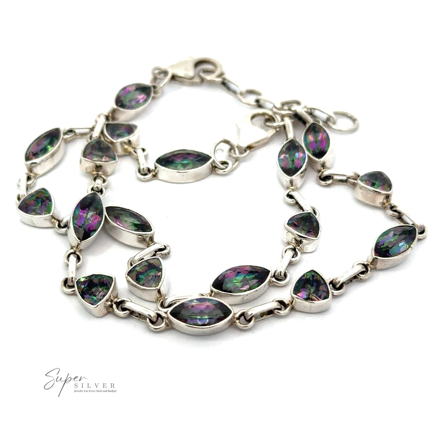
                  
                    A Rainbow Mystic Topaz Marquise and Triangle Shape Link Bracelet featuring marquise-shaped mystic topaz gemstones with green and purple hues, laid out on a white background. The bracelet has a lobster clasp closure, showcasing the "Super Silver" logo.
                  
                