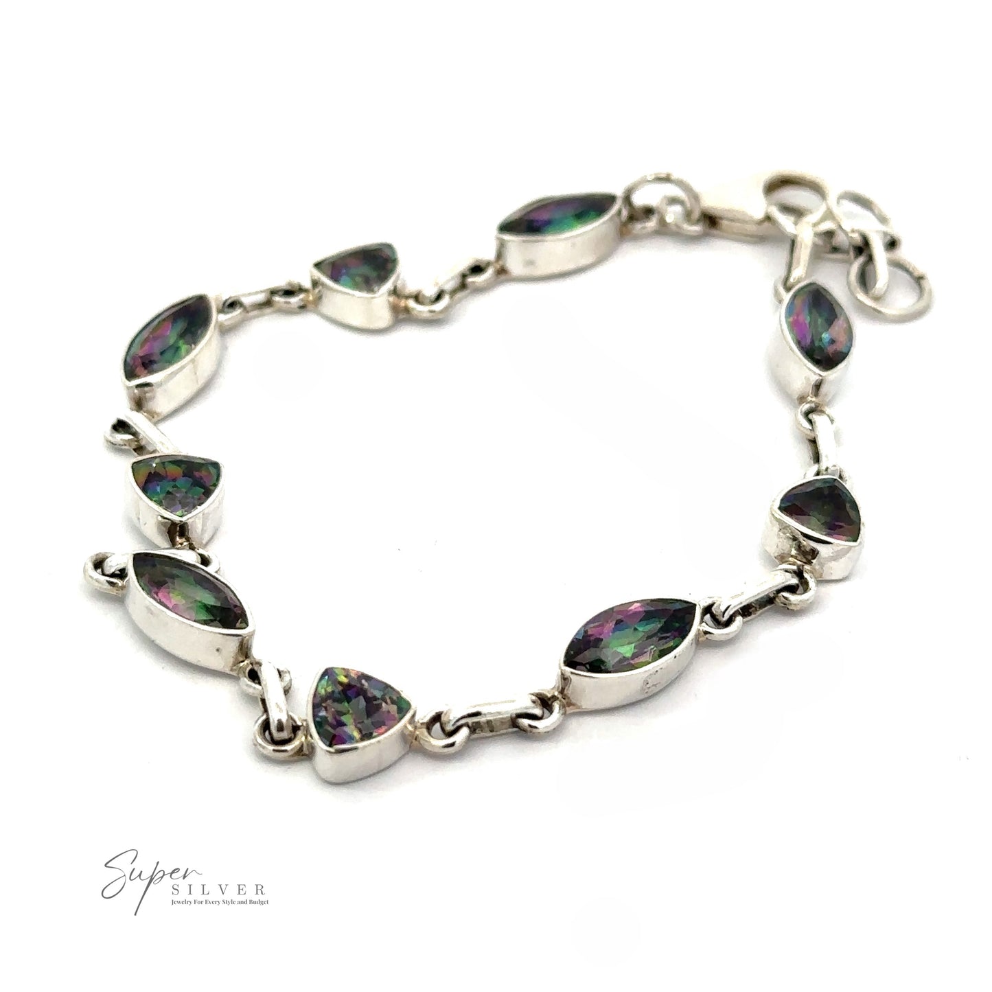 
                  
                    A sterling silver bracelet with linked oval and teardrop-shaped iridescent gemstones, displayed on a white background. The Super Silver brand logo is visible in the corner, highlighting the exquisite craftsmanship of this Rainbow Mystic Topaz Marquise and Triangle Shape Link Bracelet.
                  
                