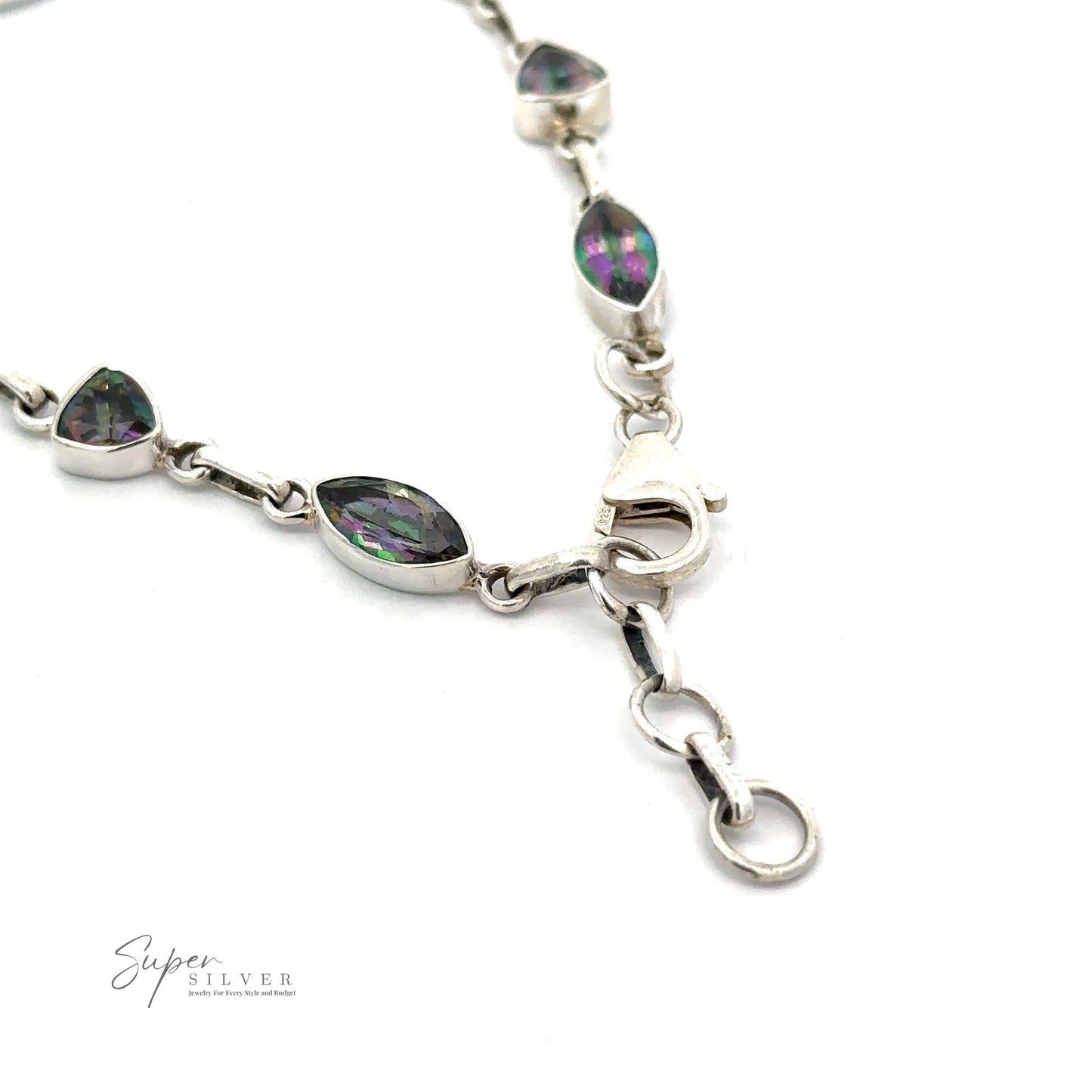 
                  
                    Close-up of a sterling silver bracelet featuring teardrop-shaped gemstones and a clasp. The logo "Super Silver" is visible at the bottom left corner, highlighting this exquisite piece of Rainbow Mystic Topaz Marquise and Triangle Shape Link Bracelet.
                  
                