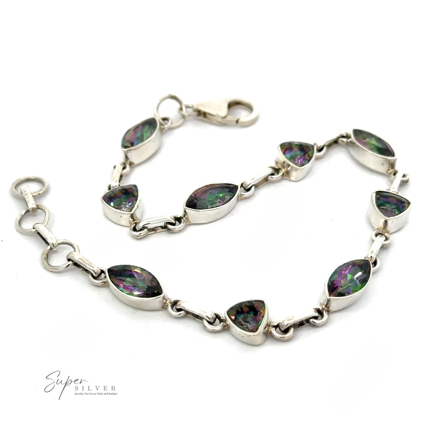 
                  
                    A Rainbow Mystic Topaz Marquise and Triangle Shape Link Bracelet featuring a geometric design with multiple teardrop and triangle-shaped iridescent gemstones, secured by a simple lobster clasp.
                  
                