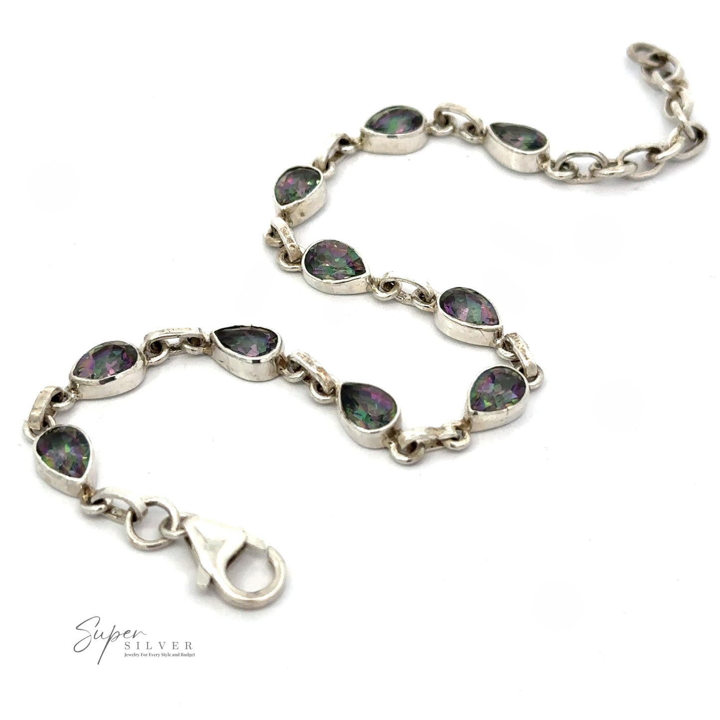 
                  
                    A Rainbow Mystic Topaz Teardrop Shape Link Bracelet featuring teardrop-shaped mystic topaz gemstones with a clasp fastener, on a white background. The brand "Super Silver" is visible in the bottom left corner.
                  
                