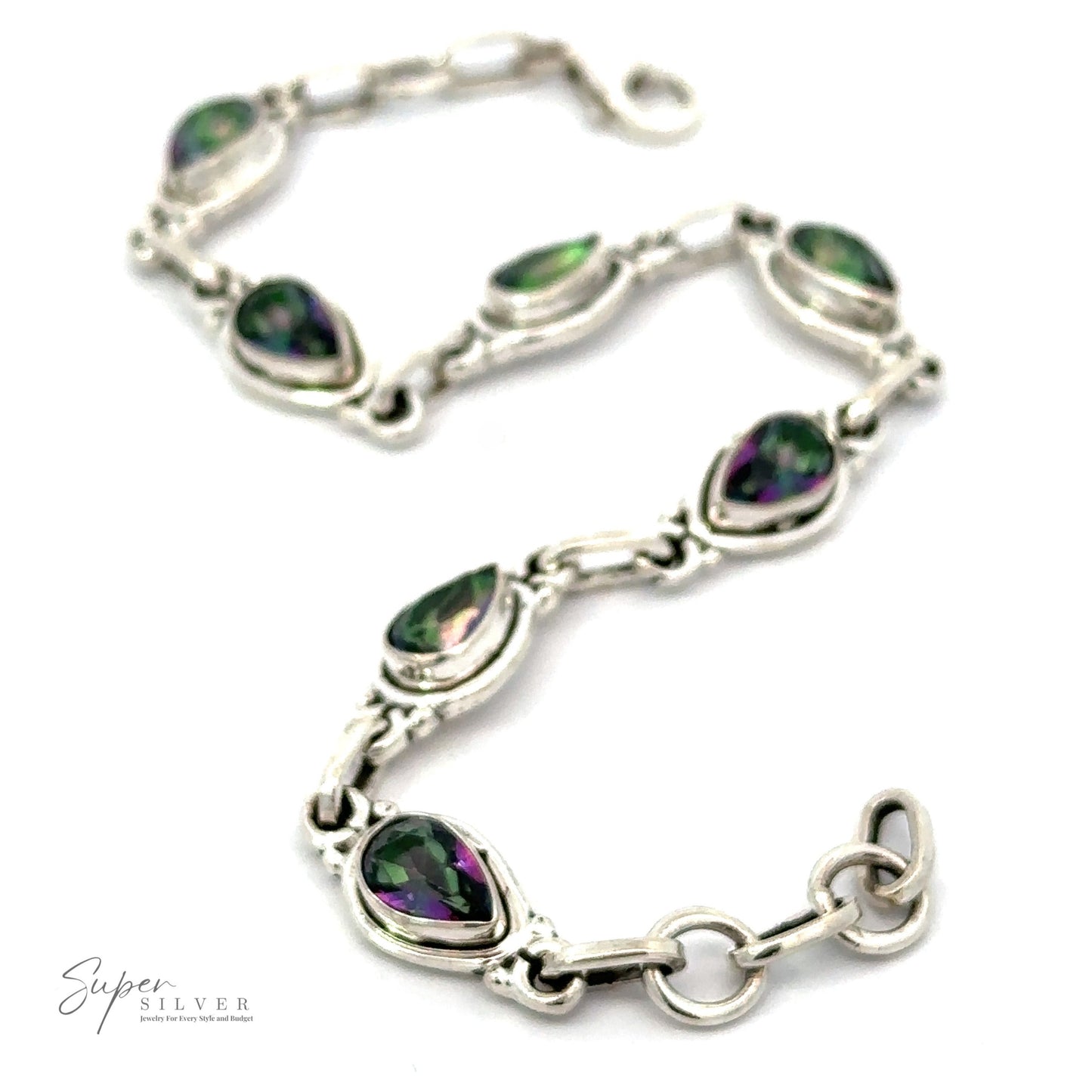 
                  
                    A Rainbow Topaz Bordered Teardrop Bracelet with green and purple teardrop-shaped gemstones, featuring a simple clasp, and the Super Silver logo in the bottom left corner.
                  
                