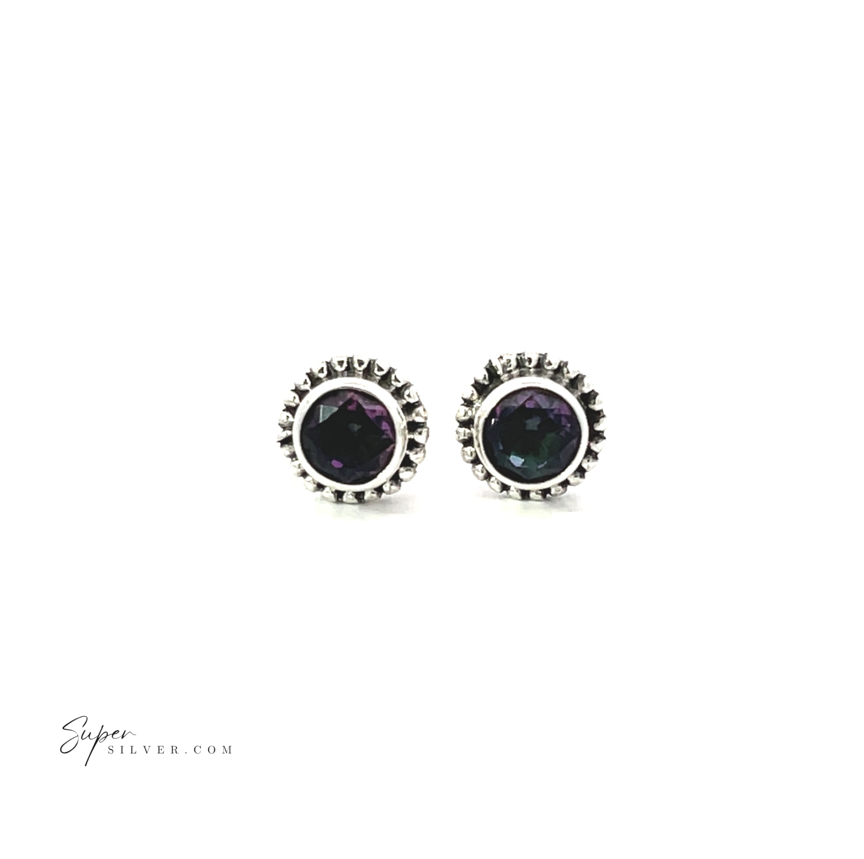 The Beaded Round Faceted Gemstone Studs are sterling silver earrings with dark faceted gemstone centers and decorative beaded edges, shown on a white background.