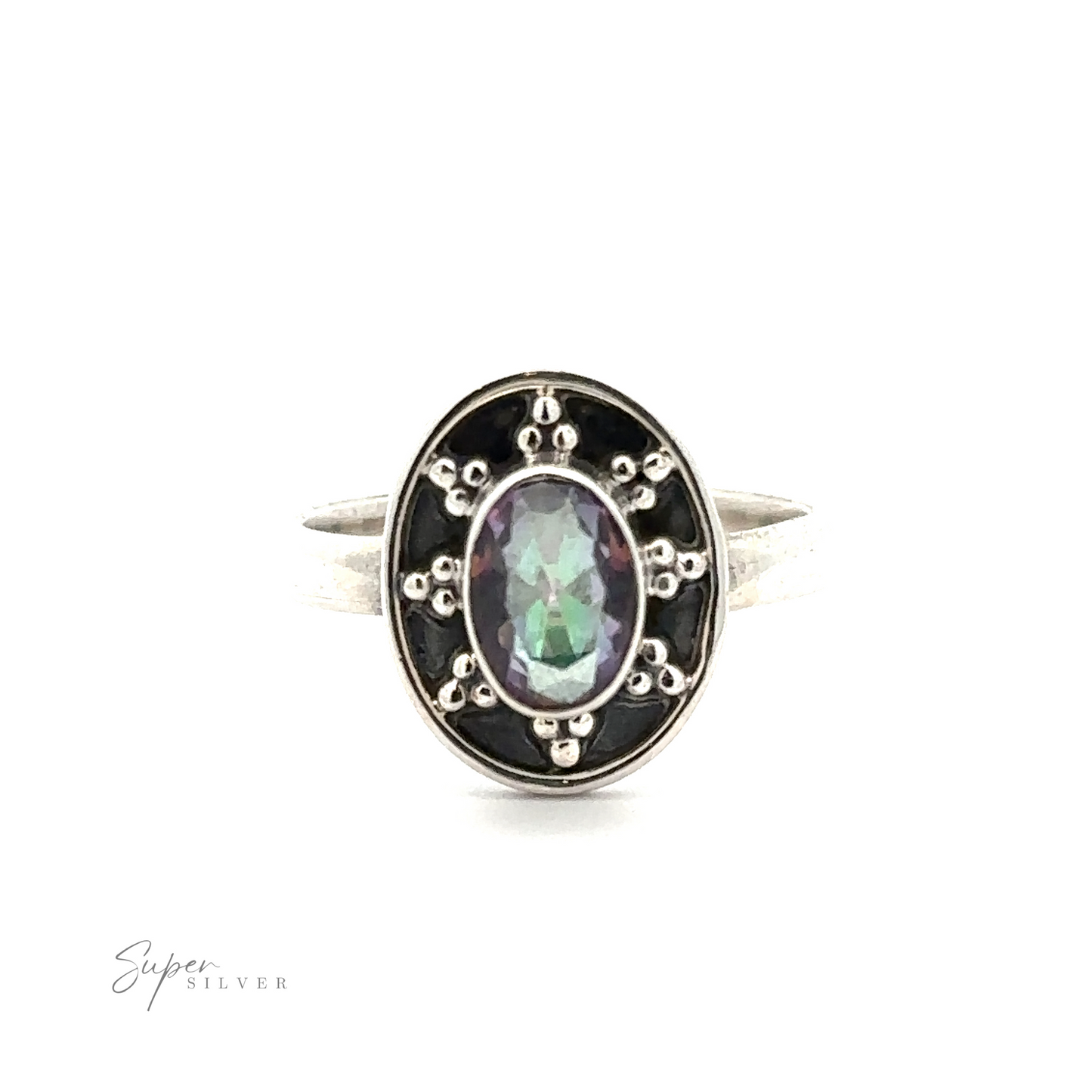 
                  
                    Oval Gemstone Ring with Ball and Disk Border: Silver ring with an oval multi-colored gemstone in the center, surrounded by small round silver accents on a black background. The plain sterling silver band adds a touch of elegance. The brand "Super Silver" is visible on the left, adding to its vintage-inspired jewelry appeal.
                  
                
