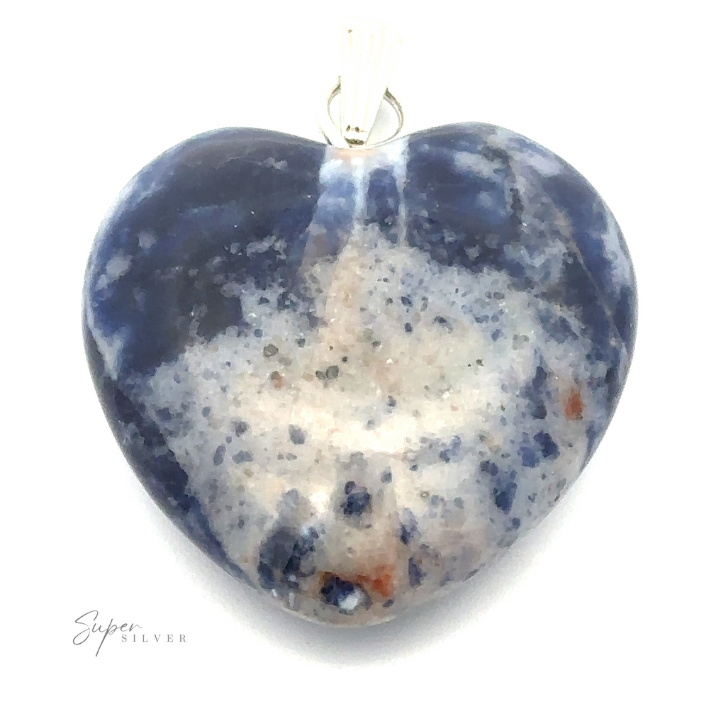 
                  
                    A **Heart Stone Pendant** made of blue and white sodalite features a marbled pattern with orange specks. The piece, with a small metallic loop for attaching to a chain, is ideal for everyday wear.
                  
                
